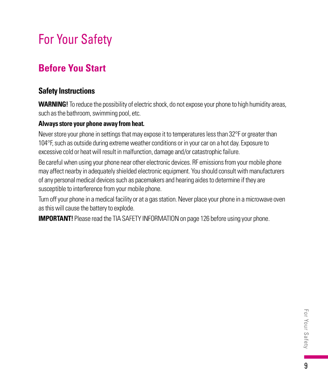 LG Electronics eXpo manual Before You Start, Safety Instructions, Always store your phone away from heat 