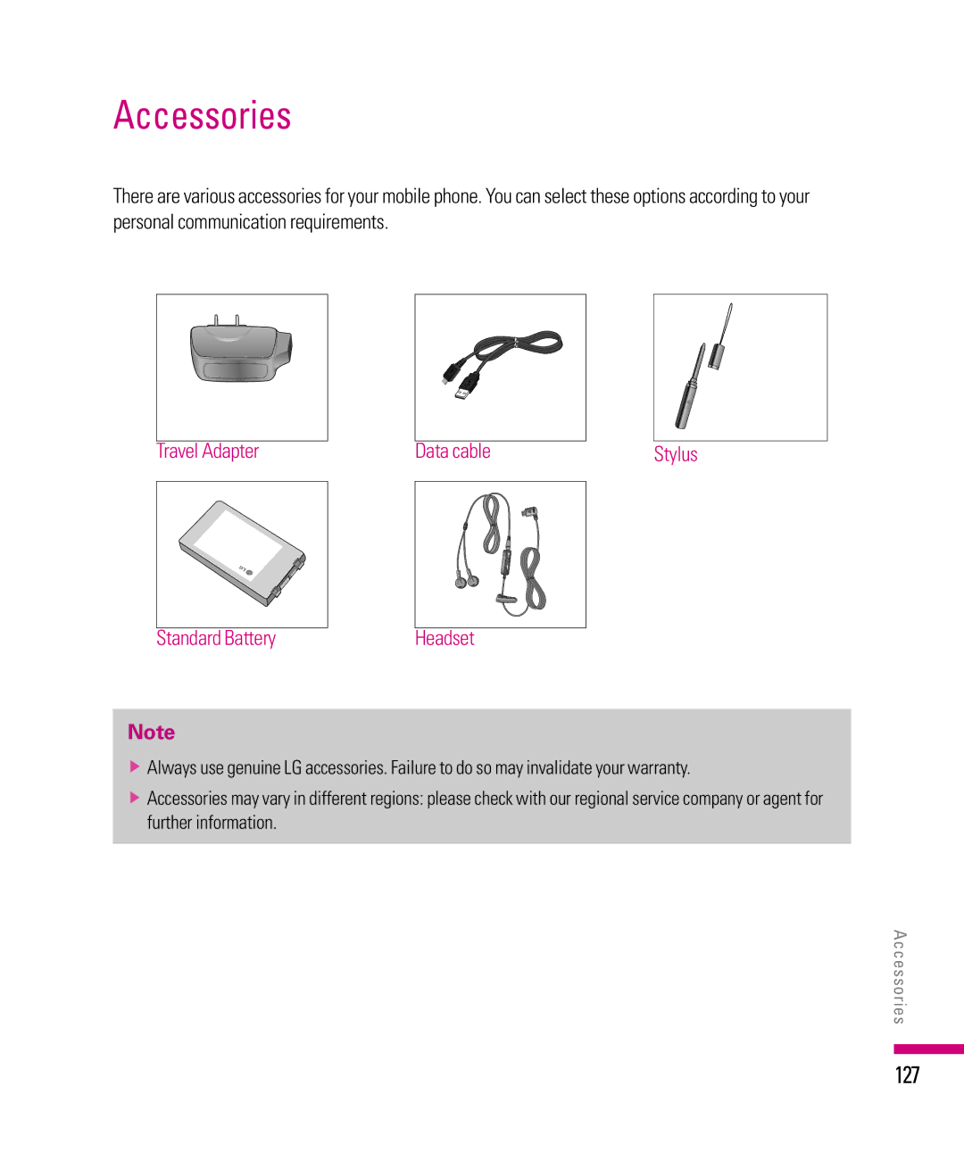 LG Electronics eXpo manual Accessories, 127 