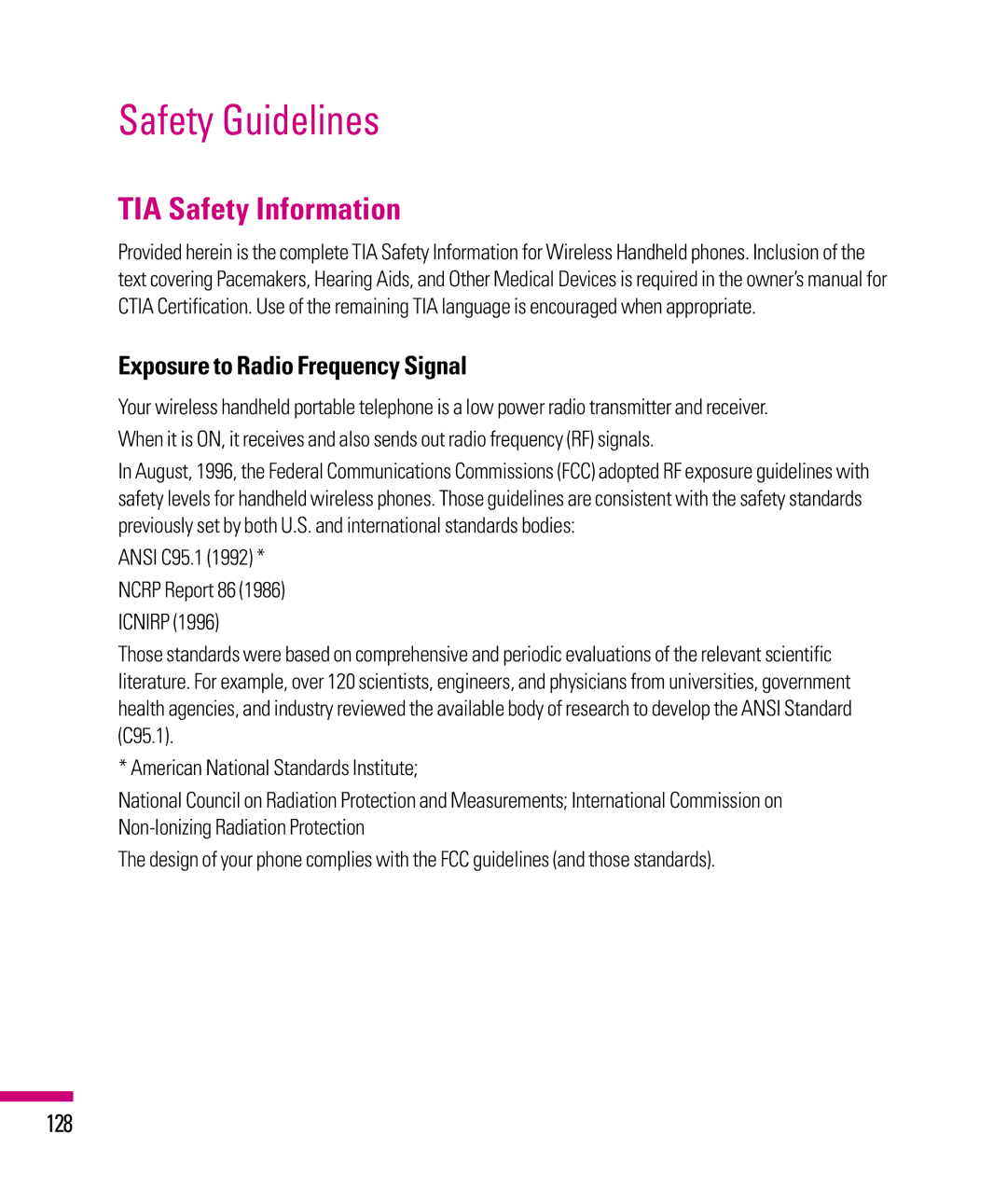 LG Electronics eXpo manual TIA Safety Information, Exposure to Radio Frequency Signal, 128 