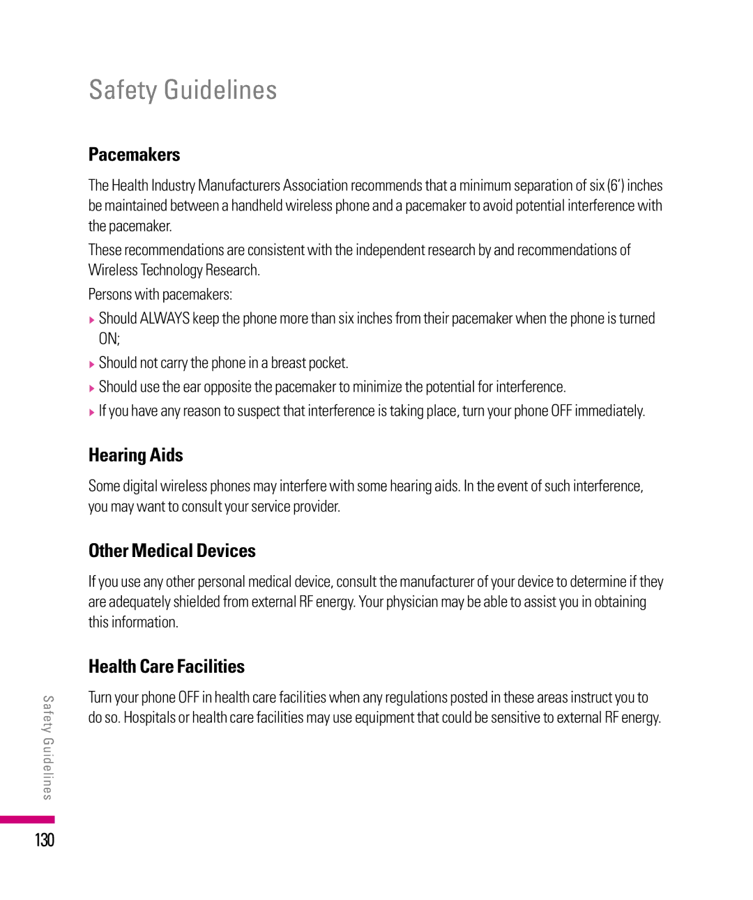 LG Electronics eXpo manual Pacemakers, Hearing Aids, Other Medical Devices, Health Care Facilities, 130 