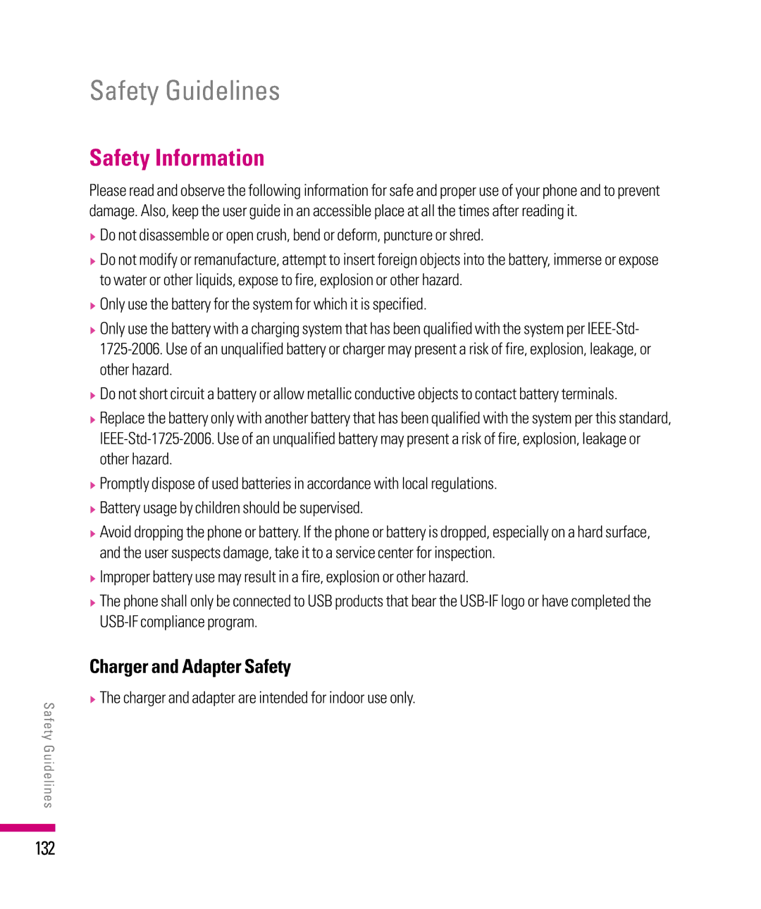 LG Electronics eXpo manual Safety Information, Charger and Adapter Safety, 132 