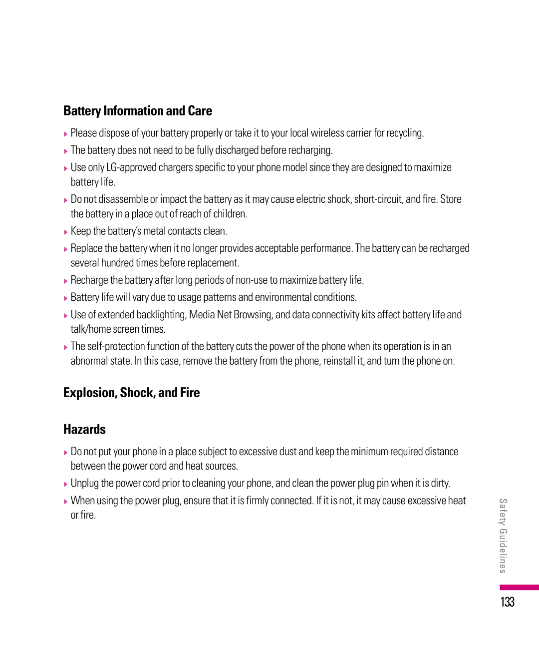 LG Electronics eXpo manual Battery Information and Care, Explosion, Shock, and Fire Hazards, 133 