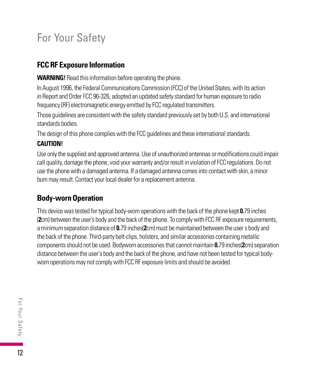 LG Electronics eXpo manual FCC RF Exposure Information, Body-worn Operation 