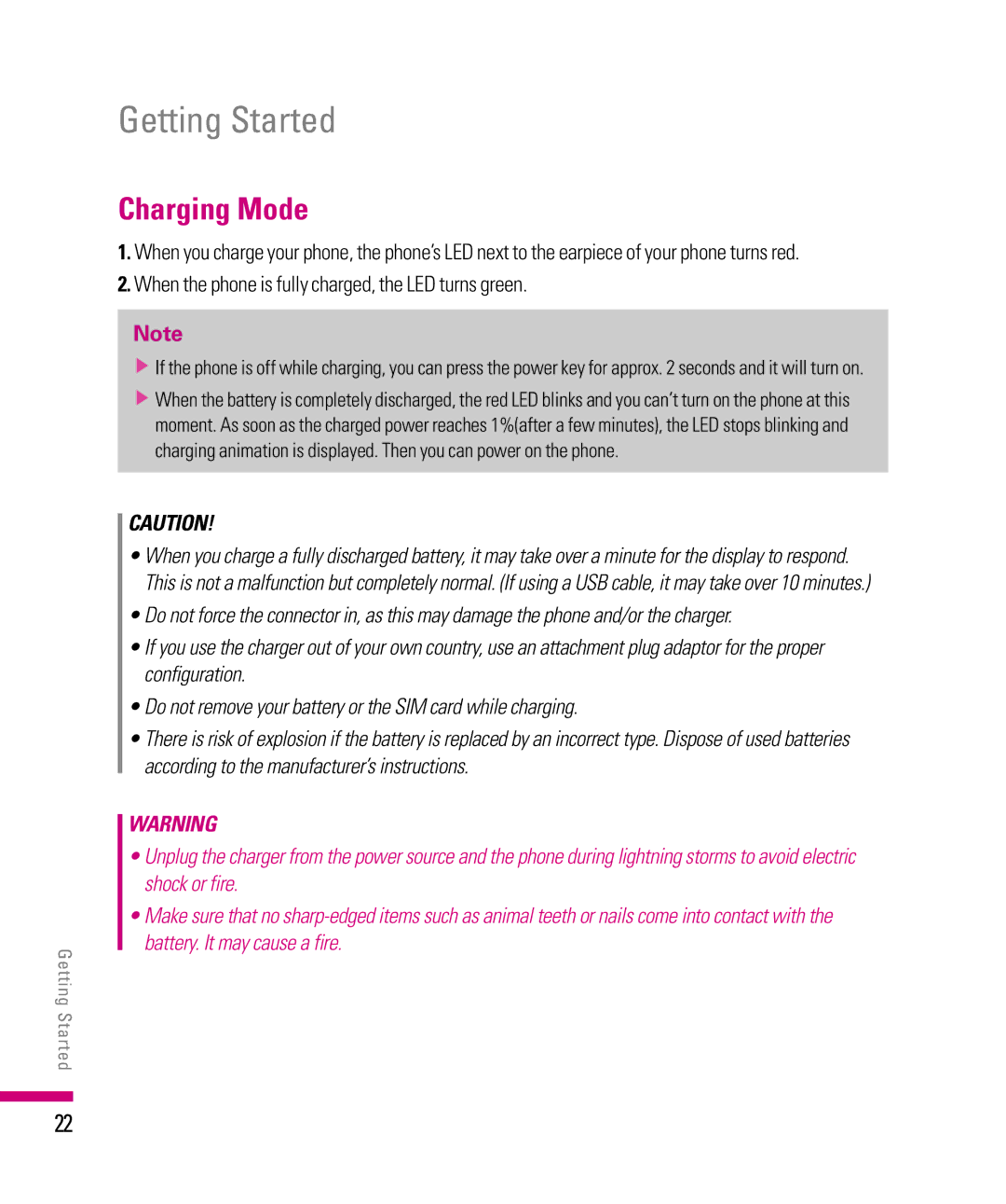 LG Electronics eXpo manual Getting Started, Charging Mode 