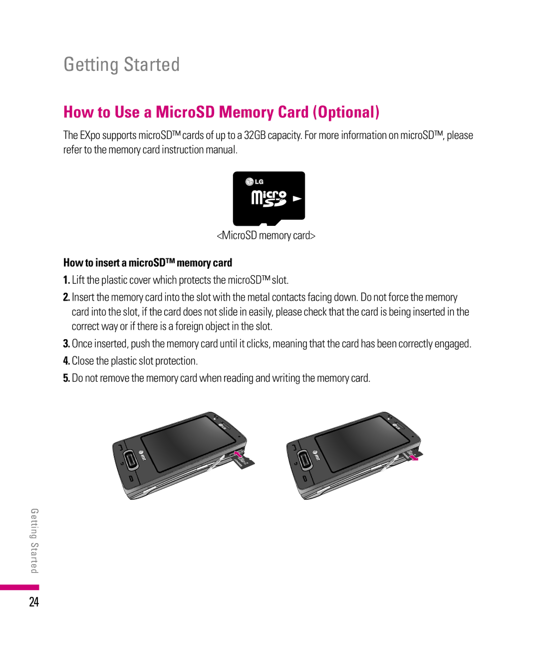 LG Electronics eXpo How to Use a MicroSD Memory Card Optional, MicroSD memory card, How to insert a microSD memory card 