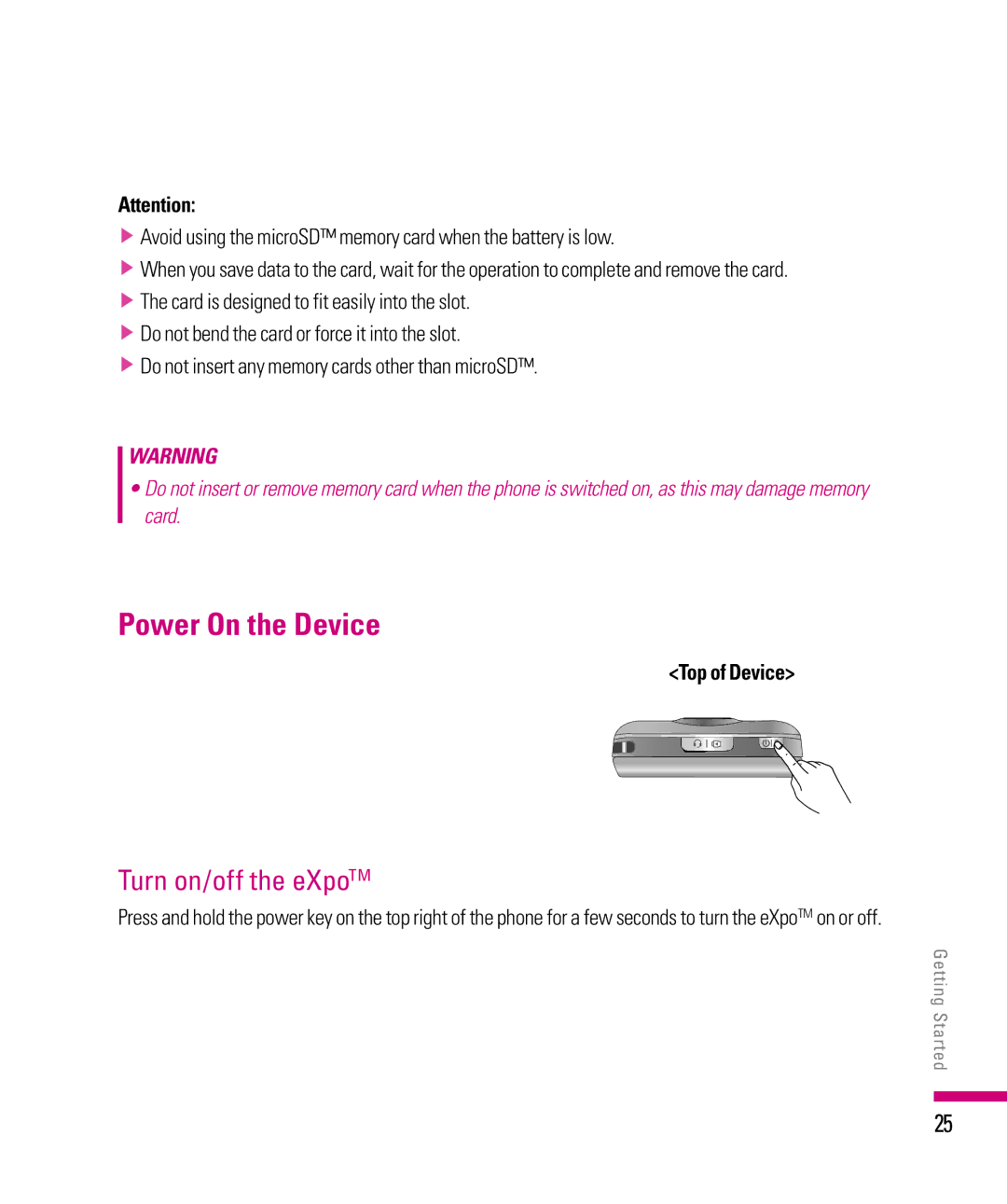 LG Electronics manual Power On the Device, Turn on/off the eXpoTM, Top of Device 