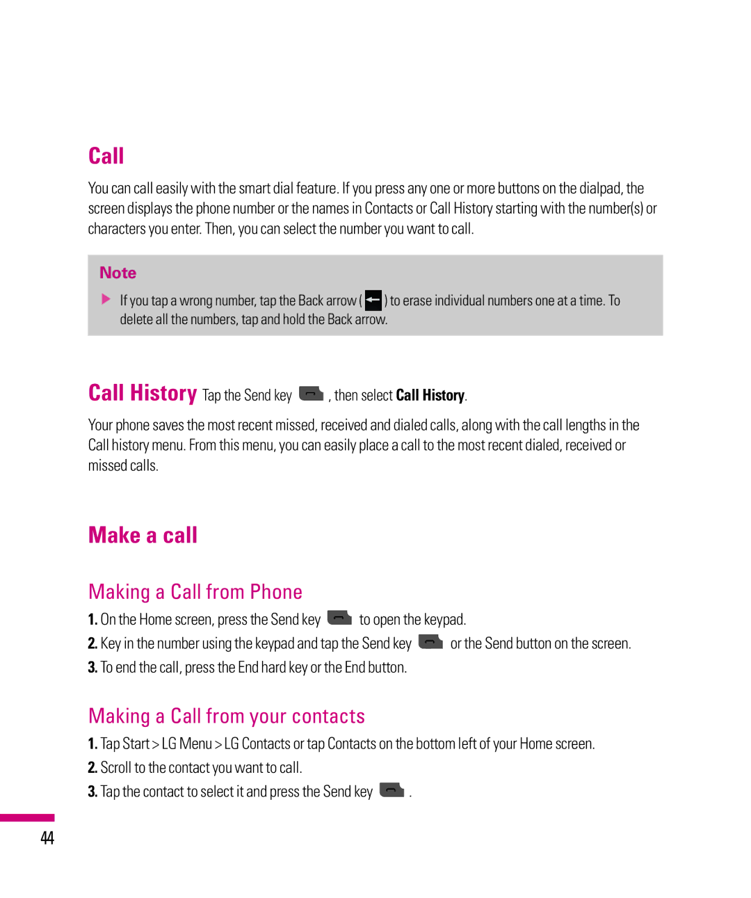 LG Electronics eXpo manual Make a call, Making a Call from Phone, Making a Call from your contacts 