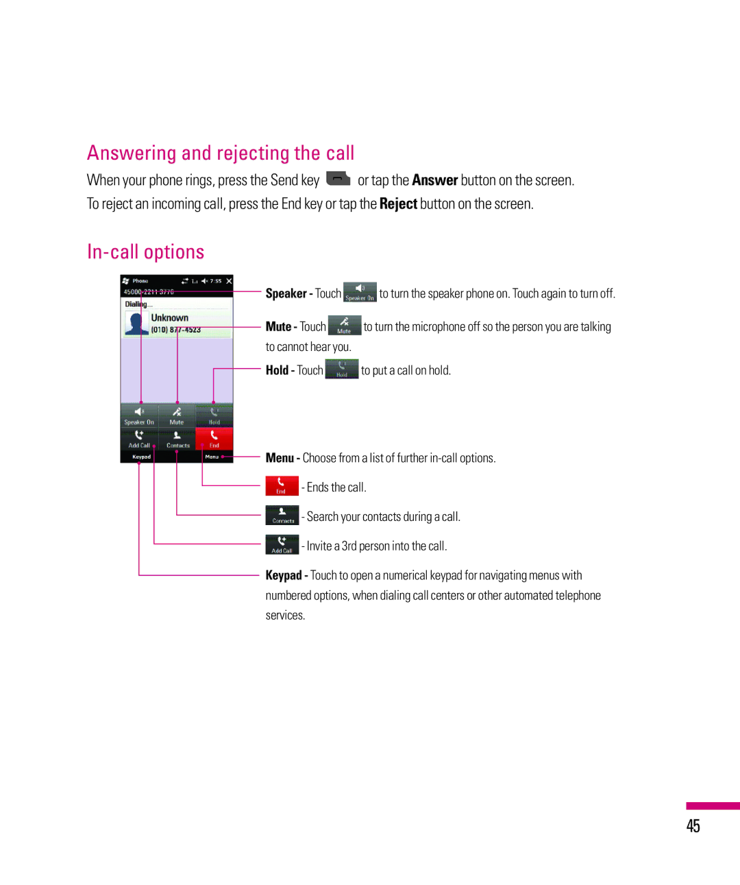 LG Electronics eXpo manual Answering and rejecting the call, In-call options 