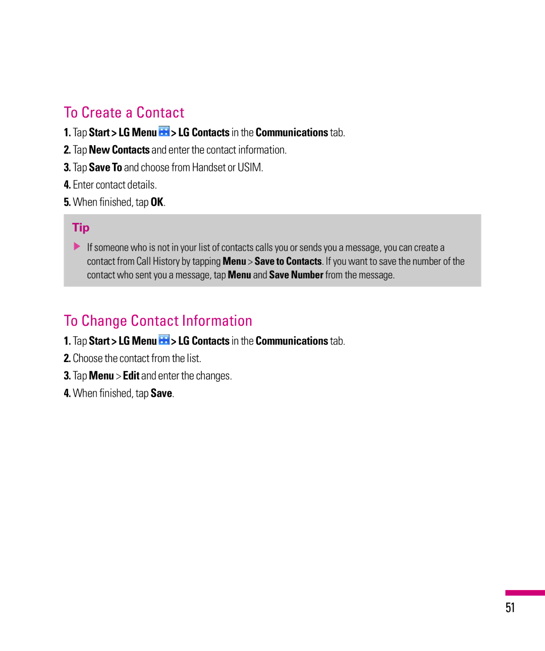 LG Electronics eXpo manual To Create a Contact, To Change Contact Information 