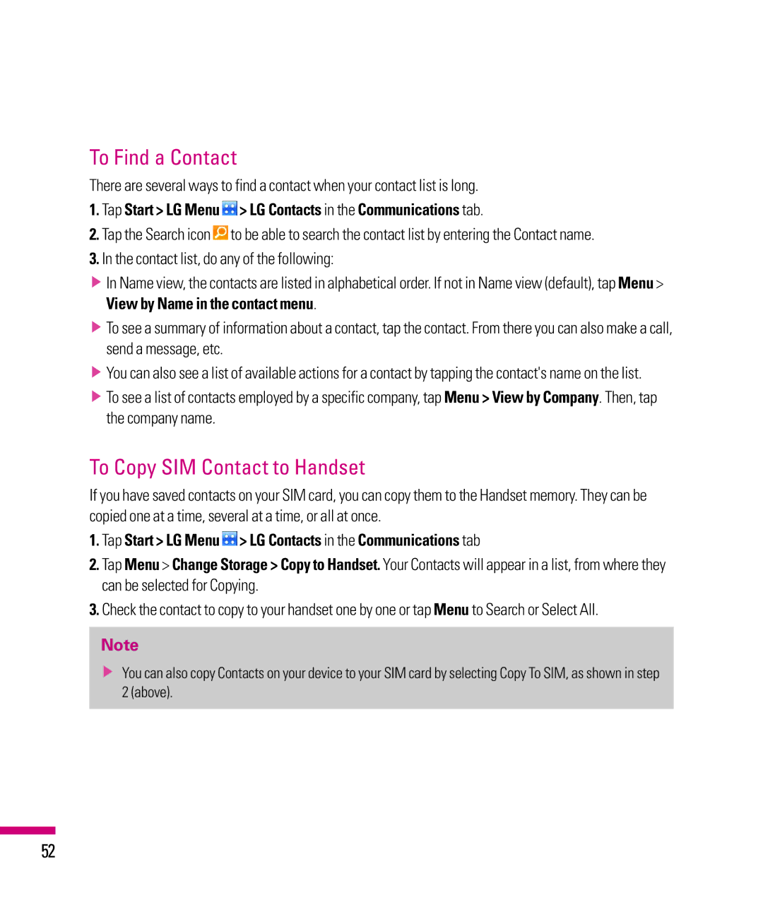 LG Electronics eXpo manual To Find a Contact, To Copy SIM Contact to Handset 