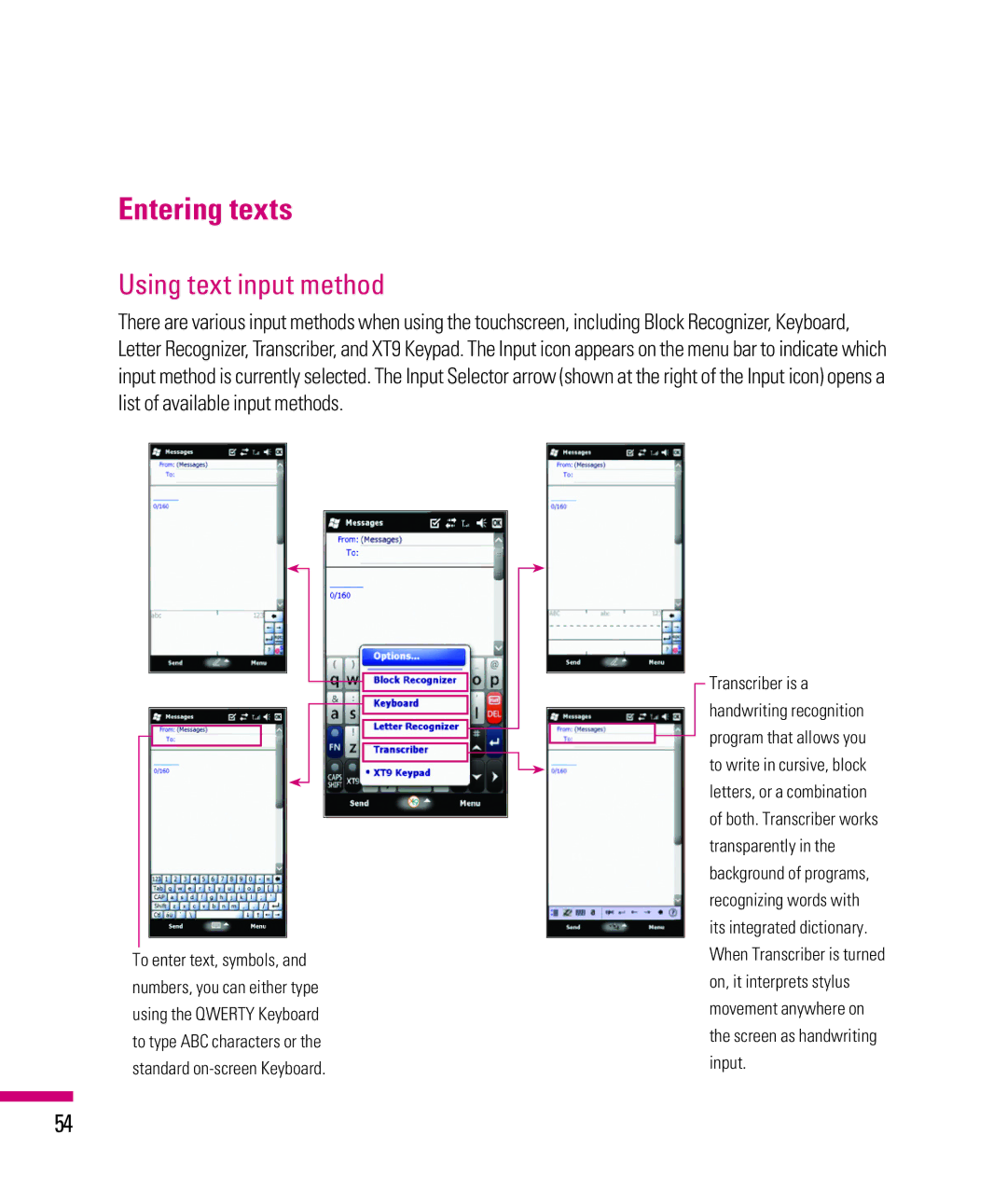 LG Electronics eXpo manual Entering texts, Using text input method 