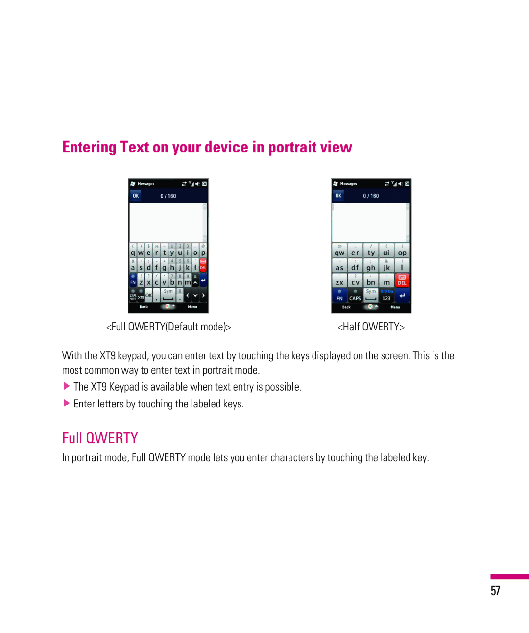 LG Electronics eXpo manual Entering Text on your device in portrait view, Full Qwerty, Full QWERTYDefault mode 