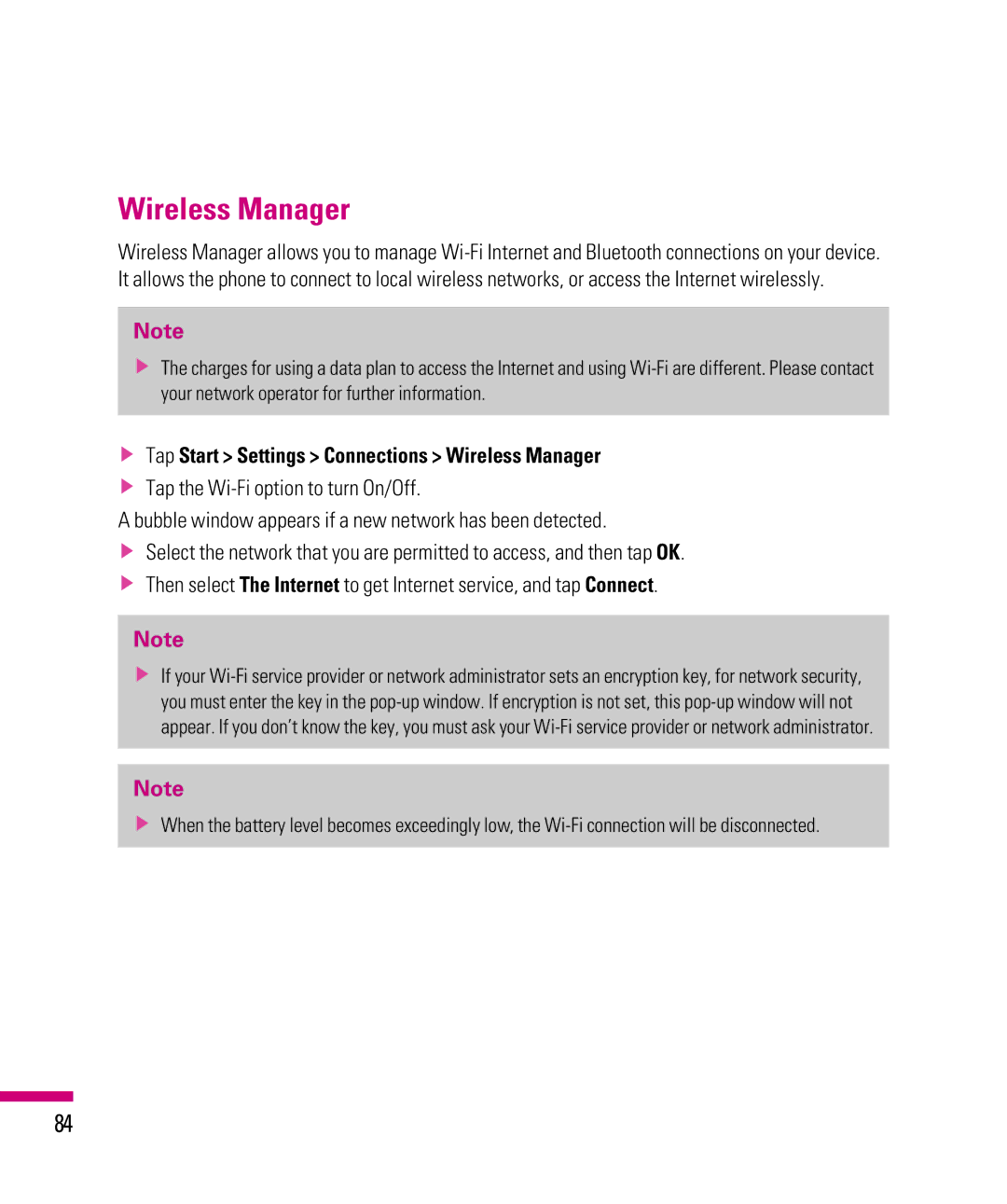 LG Electronics eXpo manual Tap Start Settings Connections Wireless Manager 