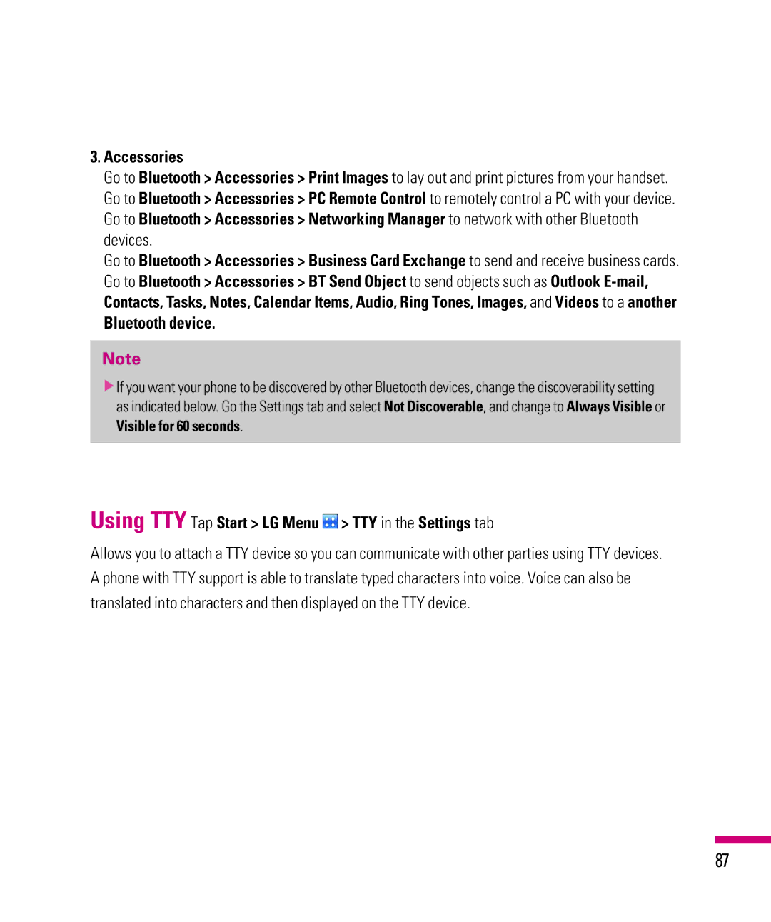 LG Electronics eXpo manual Accessories, Bluetooth device, Using TTY Tap Start LG Menu TTY in the Settings tab 