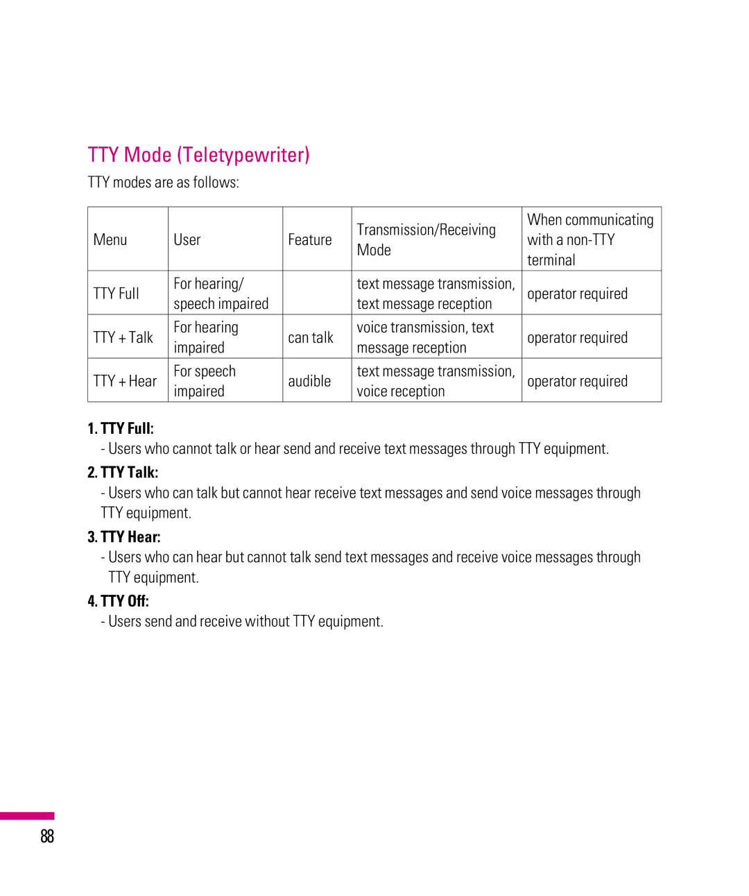 LG Electronics eXpo manual TTY Mode Teletypewriter, TTY Full, TTY Talk, TTY Hear, TTY Off 