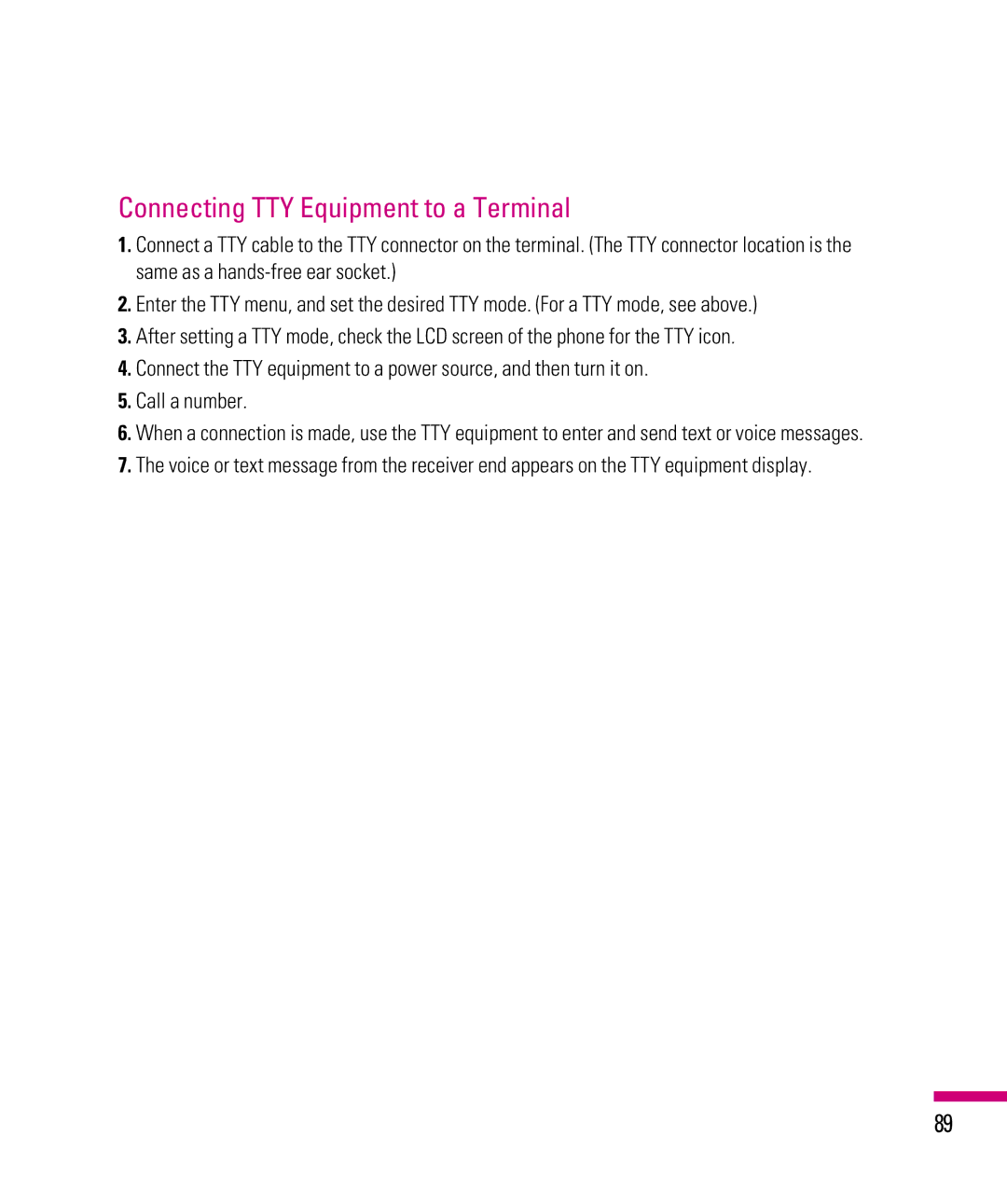 LG Electronics eXpo manual Connecting TTY Equipment to a Terminal 