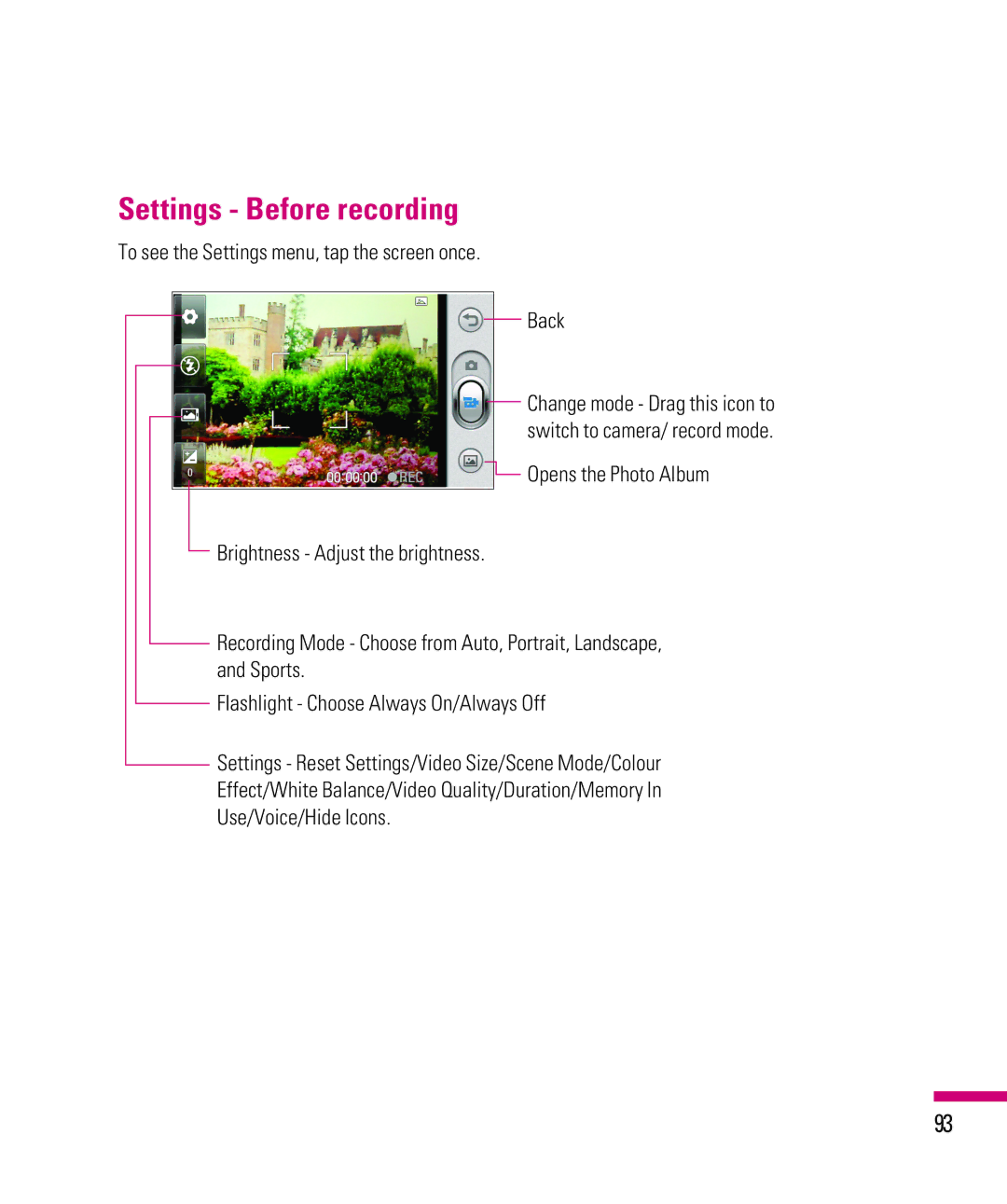 LG Electronics eXpo manual Settings Before recording, To see the Settings menu, tap the screen once Back 