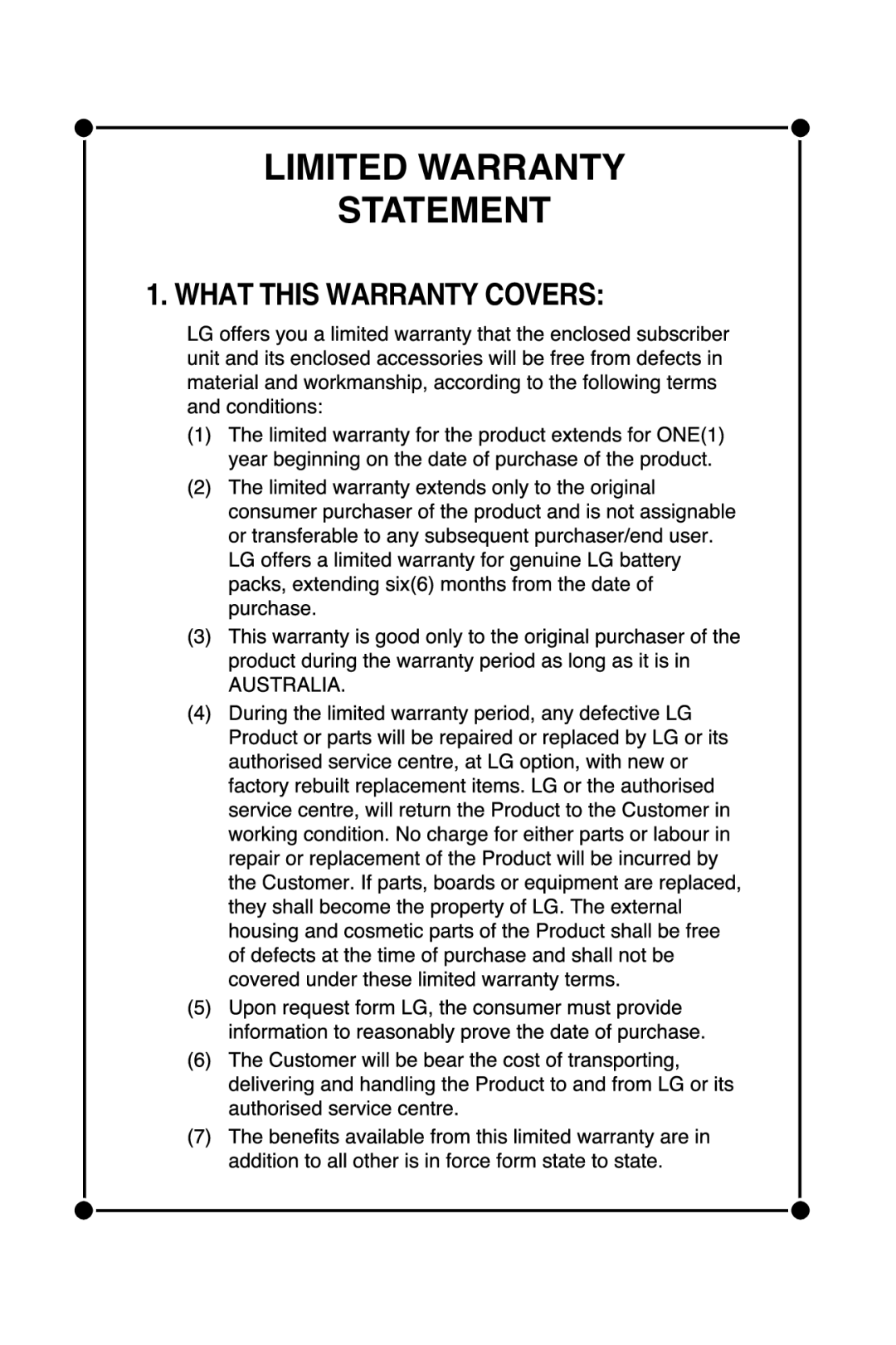 LG Electronics F1200 manual Limited Warranty Statement 