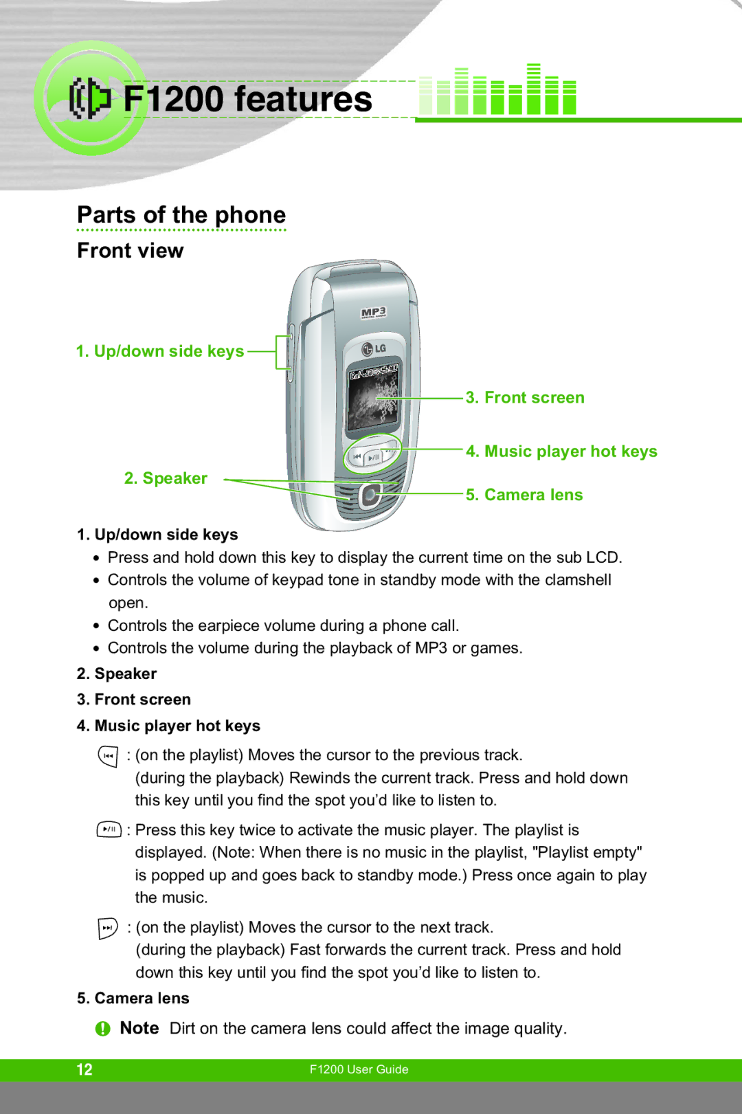 LG Electronics manual F1200 features, Parts of the phone, Front view 