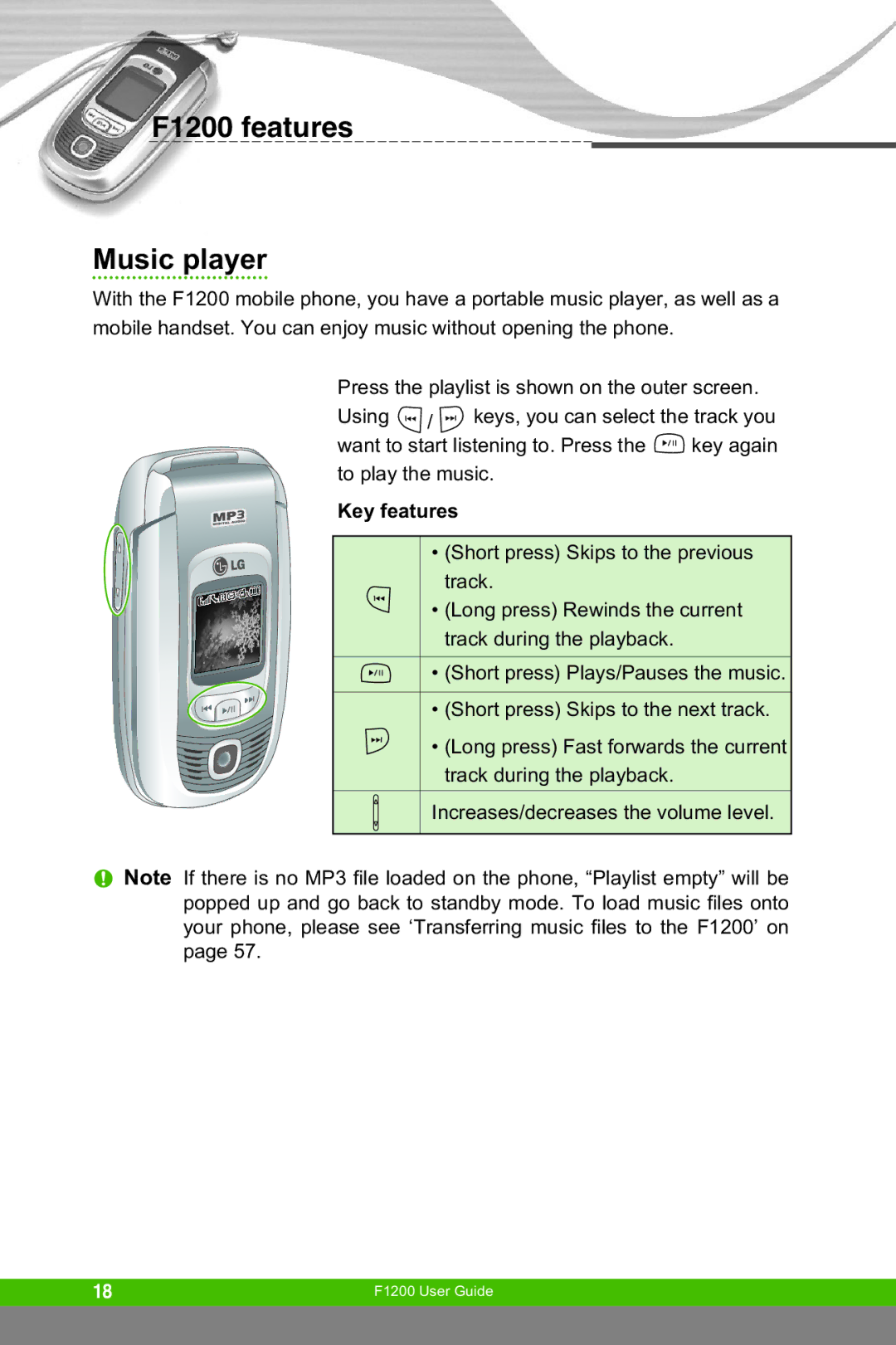 LG Electronics manual F1200 features Music player, Key features 