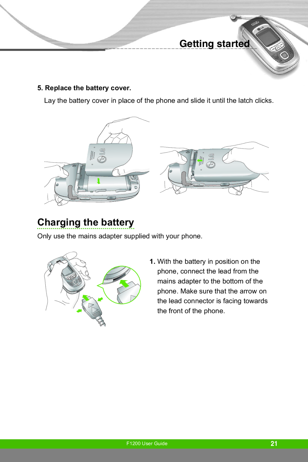 LG Electronics F1200 manual Charging the battery, Replace the battery cover 