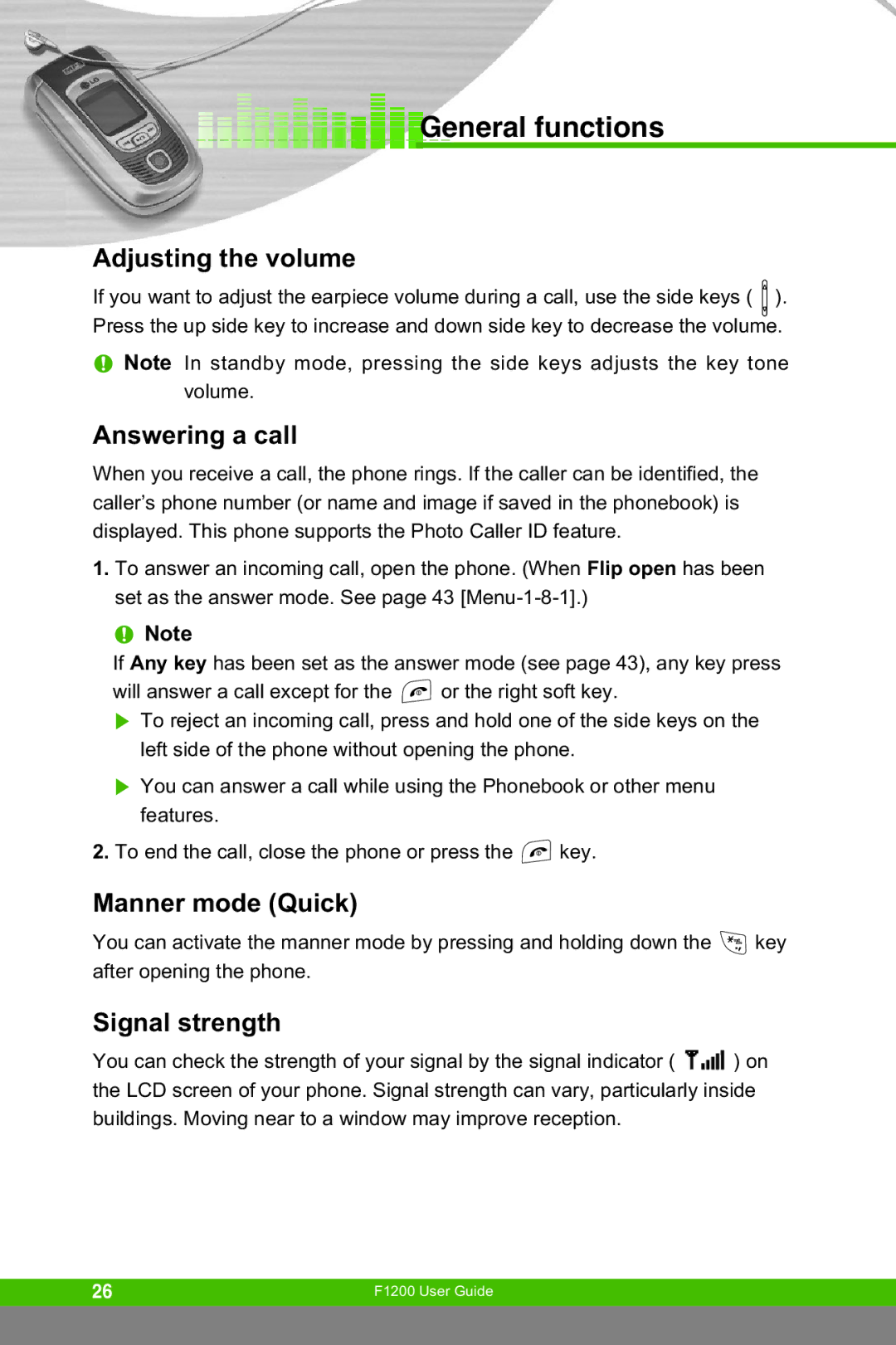 LG Electronics F1200 manual General functions, Adjusting the volume, Answering a call, Manner mode Quick, Signal strength 