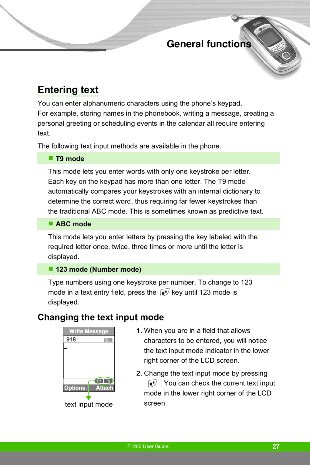 LG Electronics F1200 General functions Entering text, Changing the text input mode, T9 mode, ABC mode, Mode Number mode 