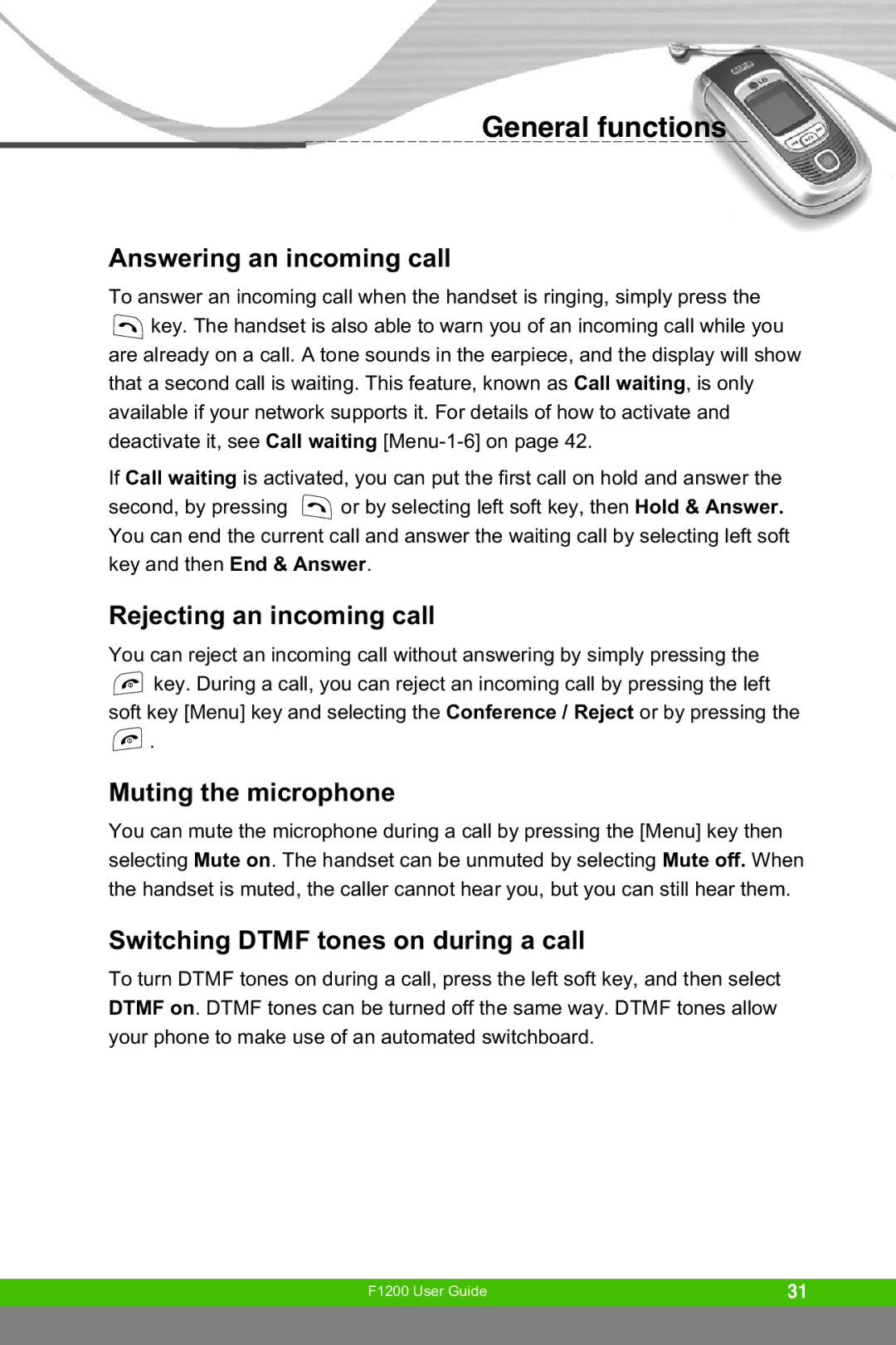 LG Electronics F1200 manual Answering an incoming call, Rejecting an incoming call, Muting the microphone 