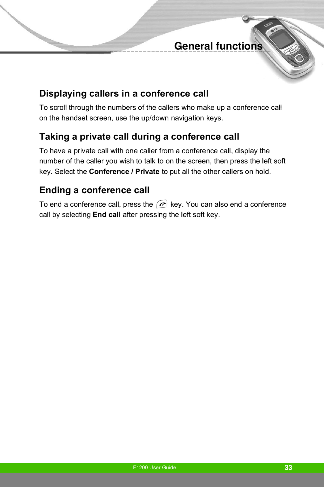 LG Electronics F1200 manual Displaying callers in a conference call, Taking a private call during a conference call 