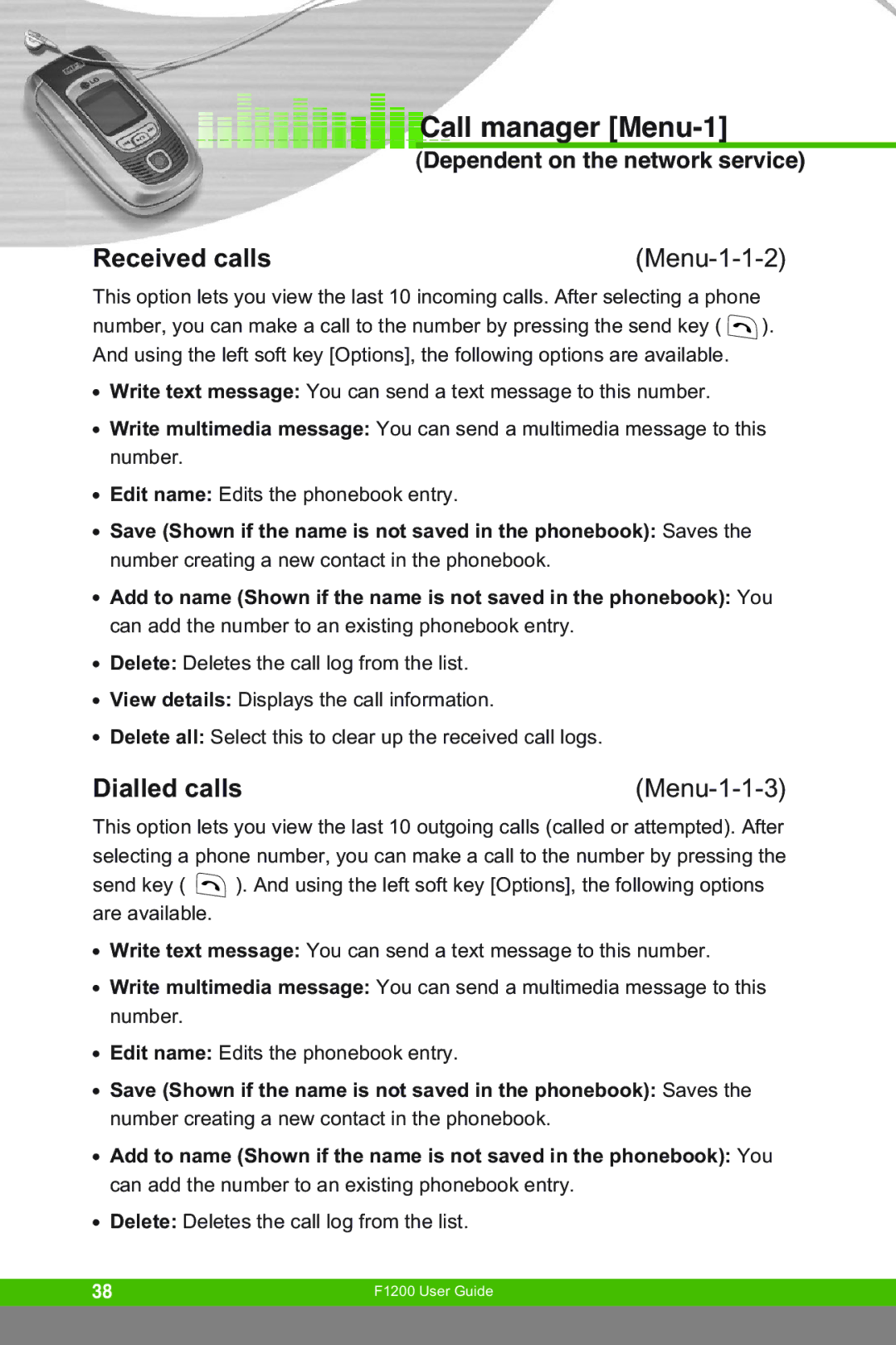 LG Electronics F1200 manual Call manager Menu-1, Received calls, Dialled calls, Menu-1-1-2, Menu-1-1-3 