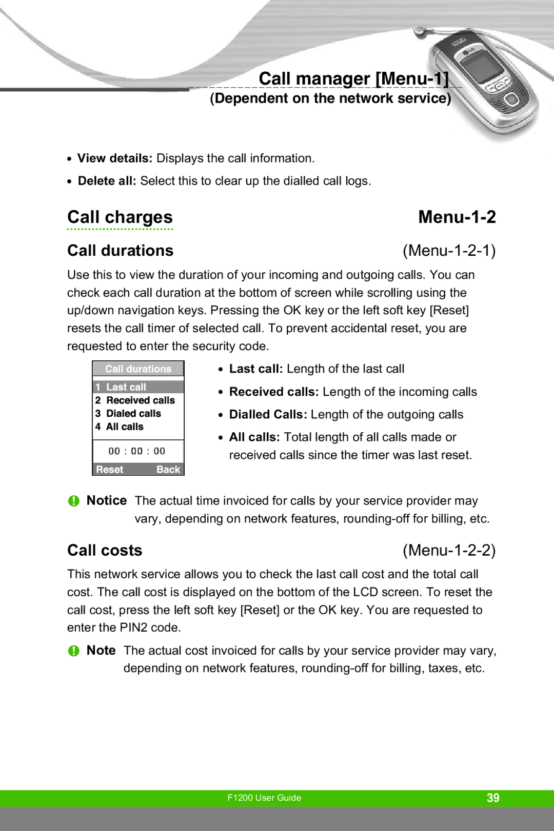 LG Electronics F1200 manual Call charges Menu-1-2, Call durations, Call costs, Menu-1-2-2 