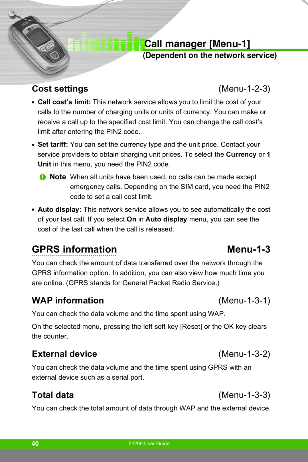 LG Electronics F1200 manual Gprs information Menu-1-3, Cost settings, WAP information, External device, Total data 