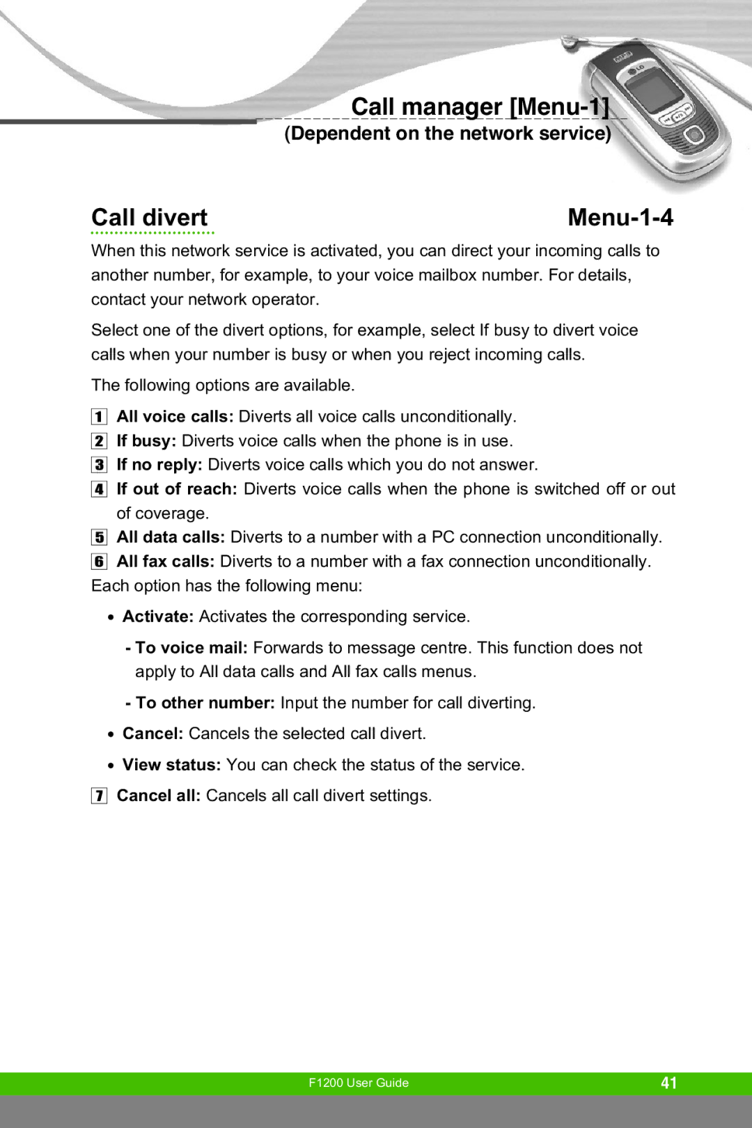 LG Electronics F1200 manual Call divert Menu-1-4 