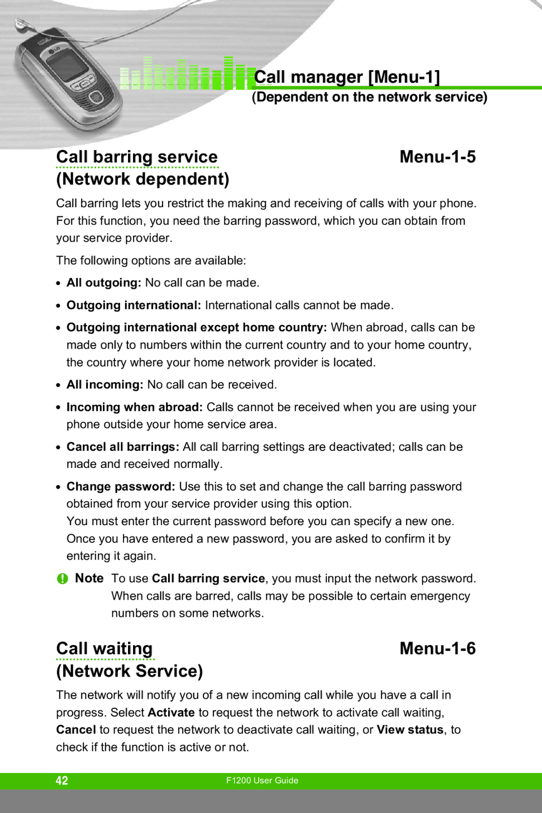 LG Electronics F1200 manual Call barring service Menu-1-5 Network dependent, Call waiting Menu-1-6 Network Service 