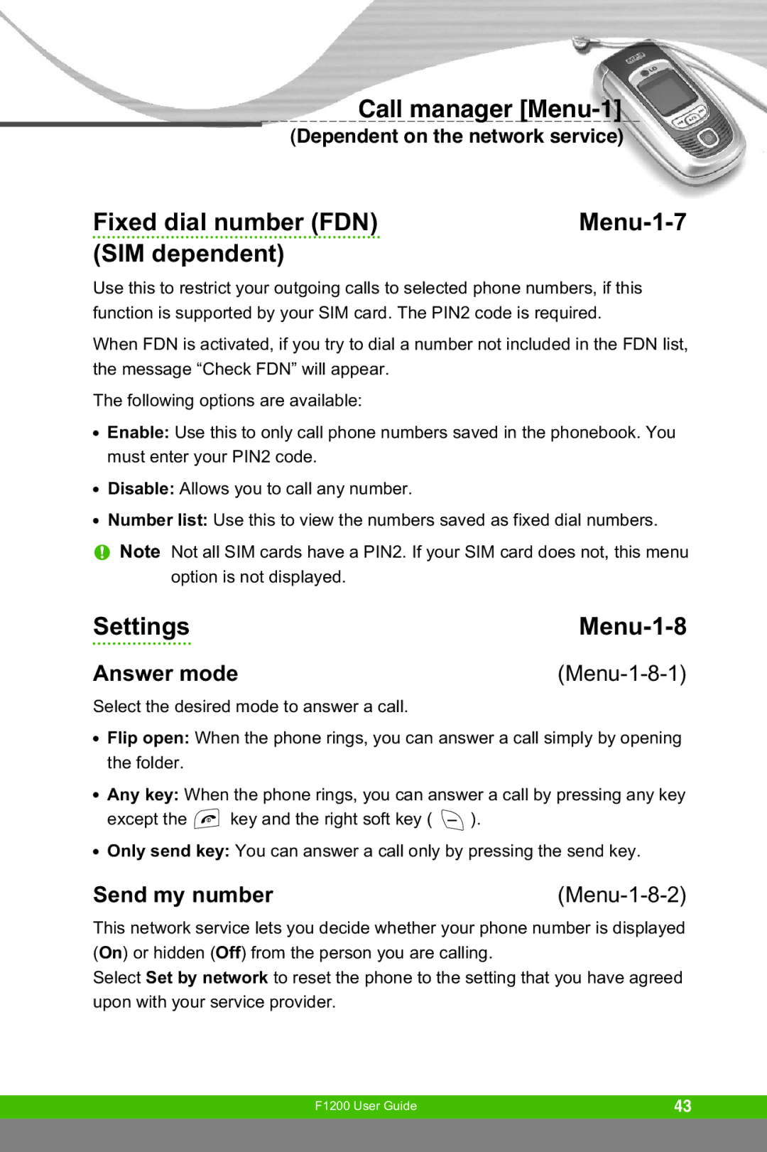 LG Electronics F1200 manual Fixed dial number FDN Menu-1-7 SIM dependent, Settings Menu-1-8, Answer mode, Send my number 