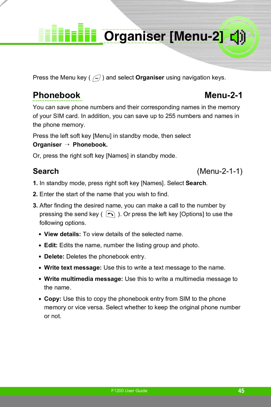 LG Electronics F1200 manual Organiser Menu-2, Phonebook Menu-2-1, Search, Menu-2-1-1, Organiser Phonebook 