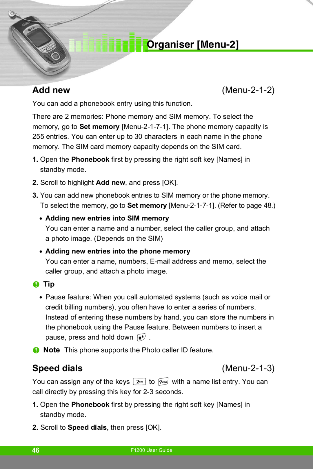 LG Electronics F1200 manual Organiser Menu-2, Add new, Speed dials, Menu-2-1-2, Menu-2-1-3 