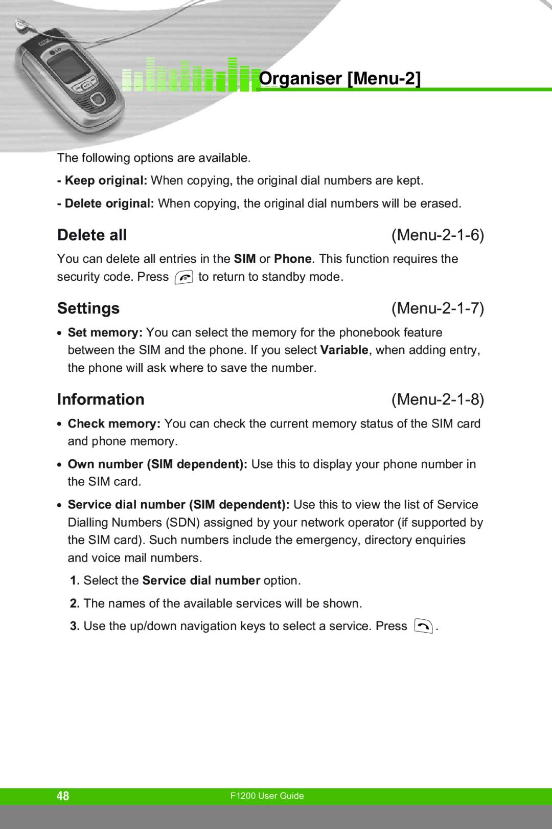 LG Electronics F1200 manual Delete all, Settings, Information 