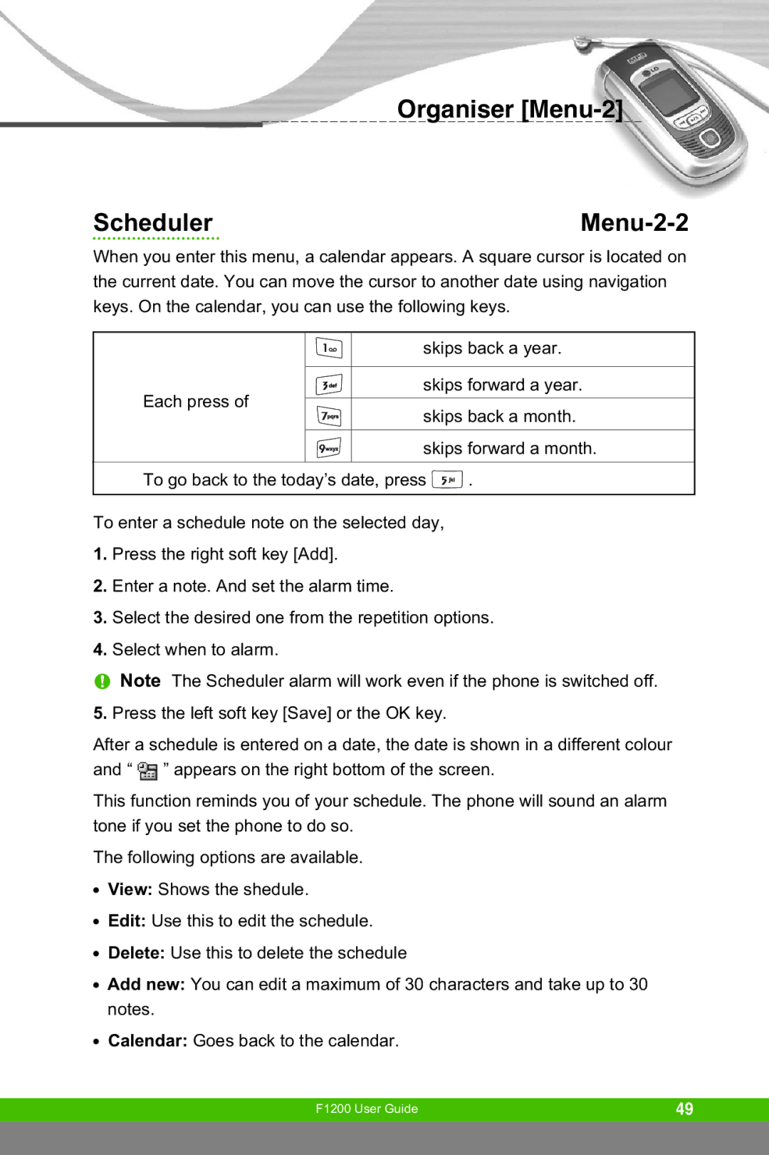 LG Electronics F1200 manual Organiser Menu-2 Scheduler Menu-2-2 