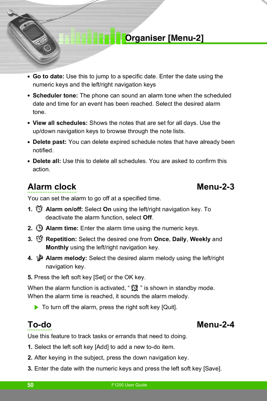 LG Electronics F1200 manual Alarm clock Menu-2-3, To-do Menu-2-4 