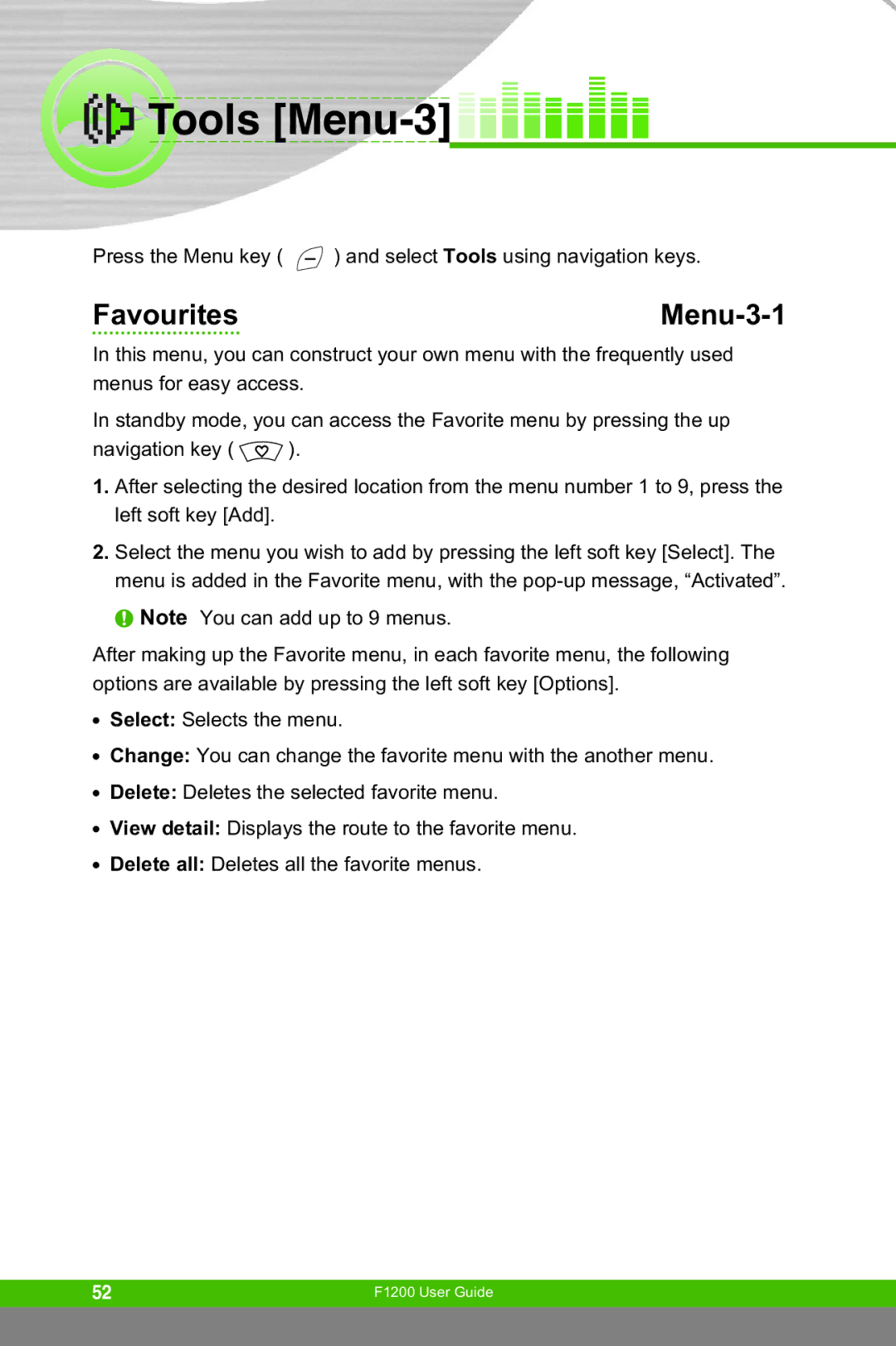 LG Electronics F1200 manual Tools Menu-3, Favourites Menu-3-1 