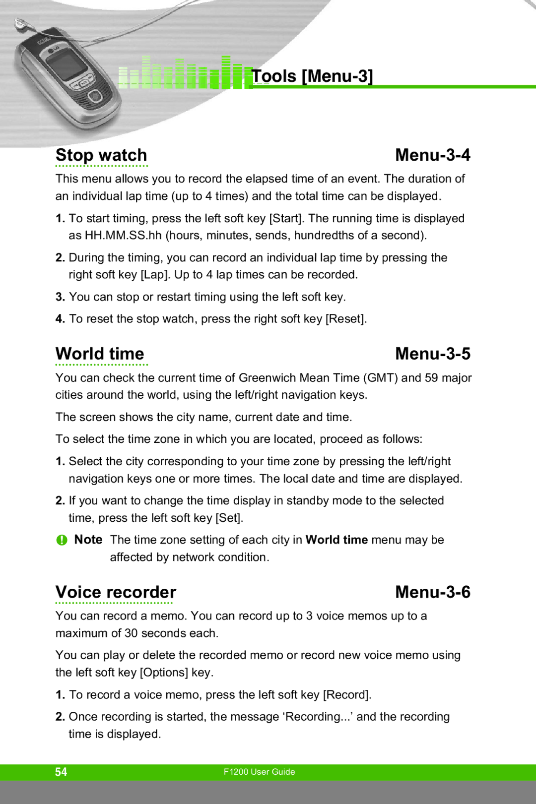 LG Electronics F1200 manual Tools Menu-3 Stop watch Menu-3-4, World time Menu-3-5, Voice recorder Menu-3-6 