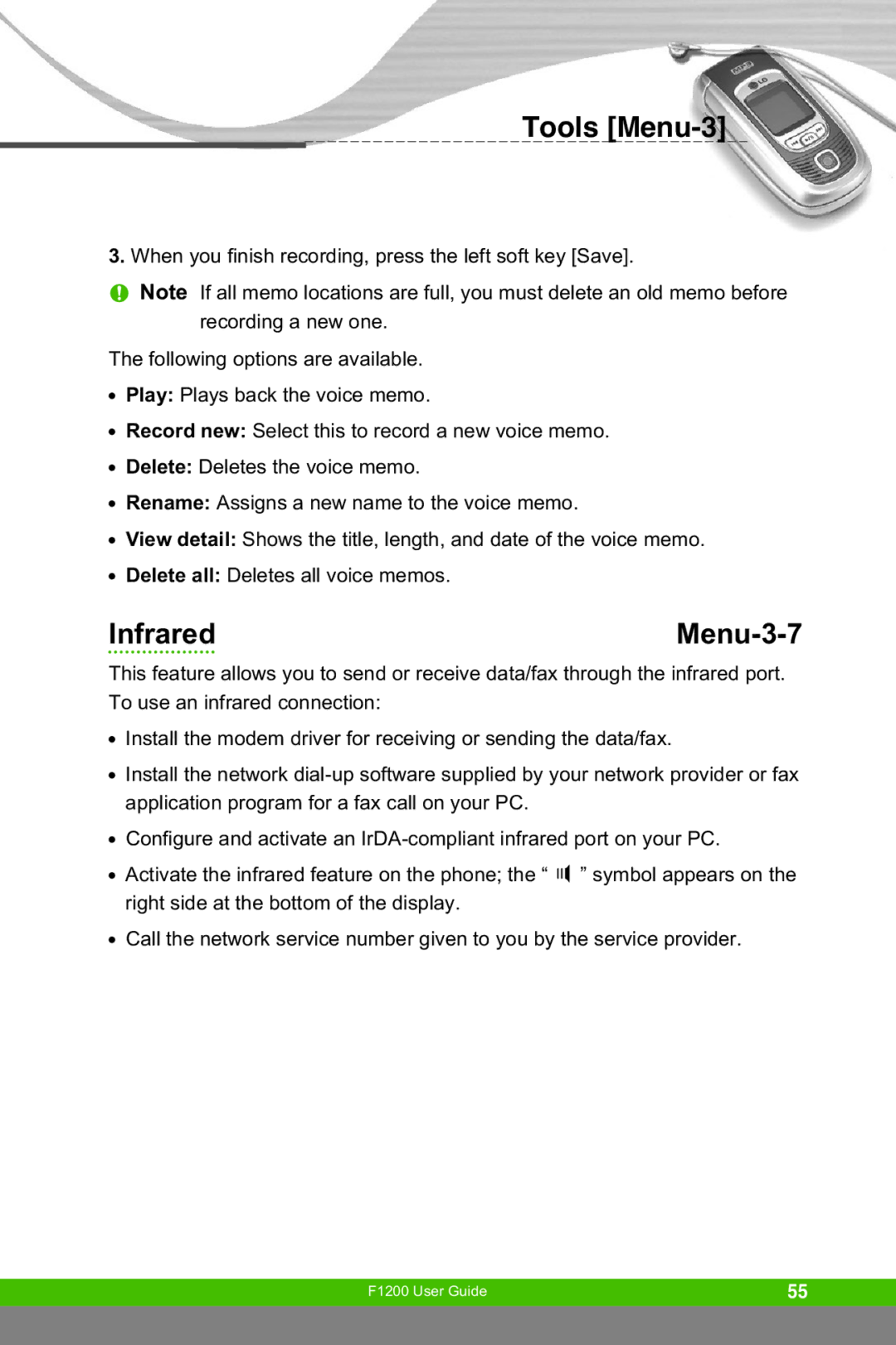 LG Electronics F1200 manual Tools Menu-3, Infrared Menu-3-7 