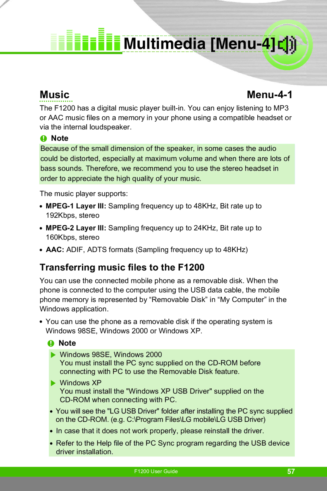 LG Electronics manual Multimedia Menu-4, Music Menu-4-1, Transferring music files to the F1200 