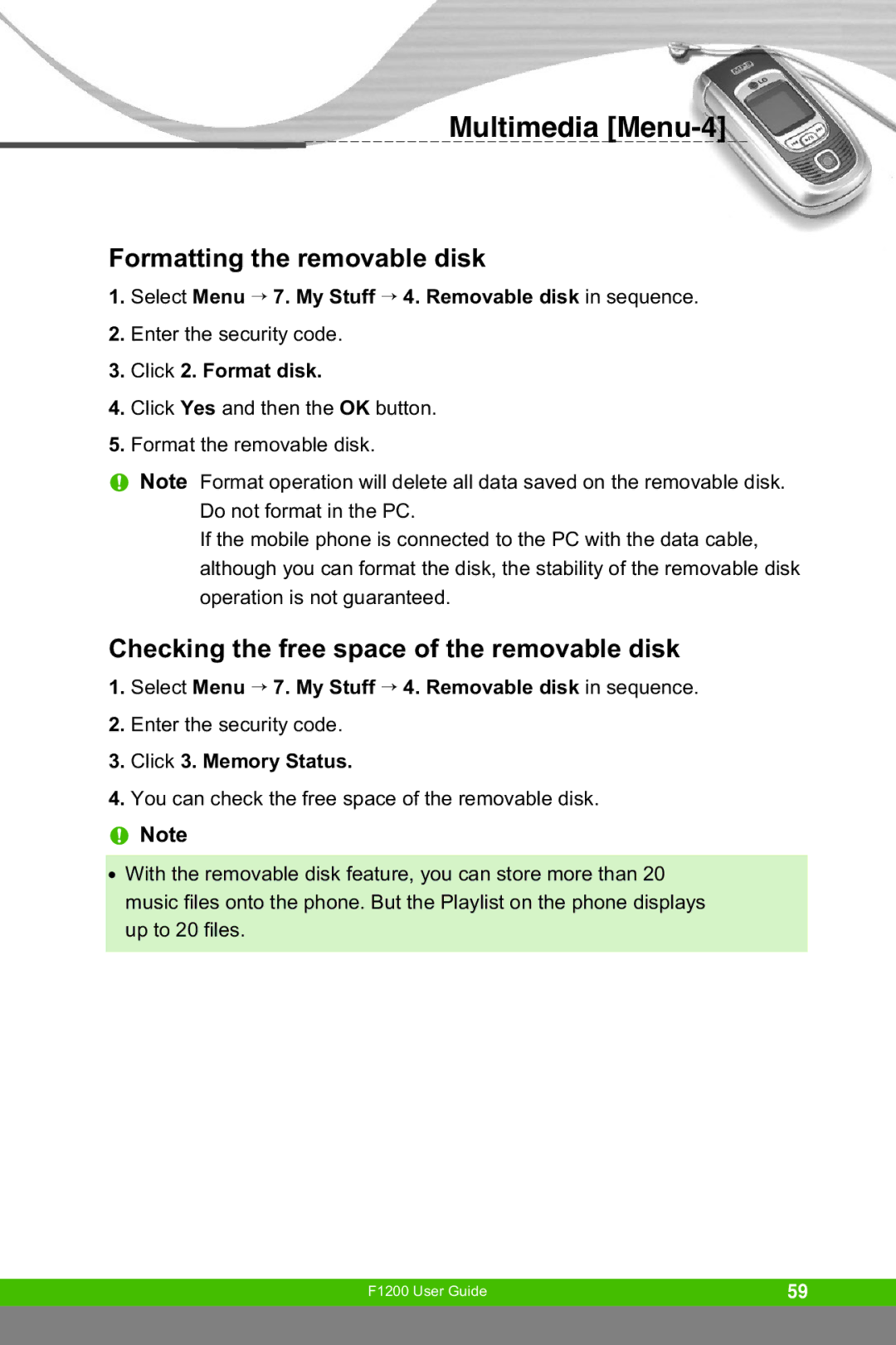 LG Electronics F1200 Formatting the removable disk, Checking the free space of the removable disk, Click 2. Format disk 