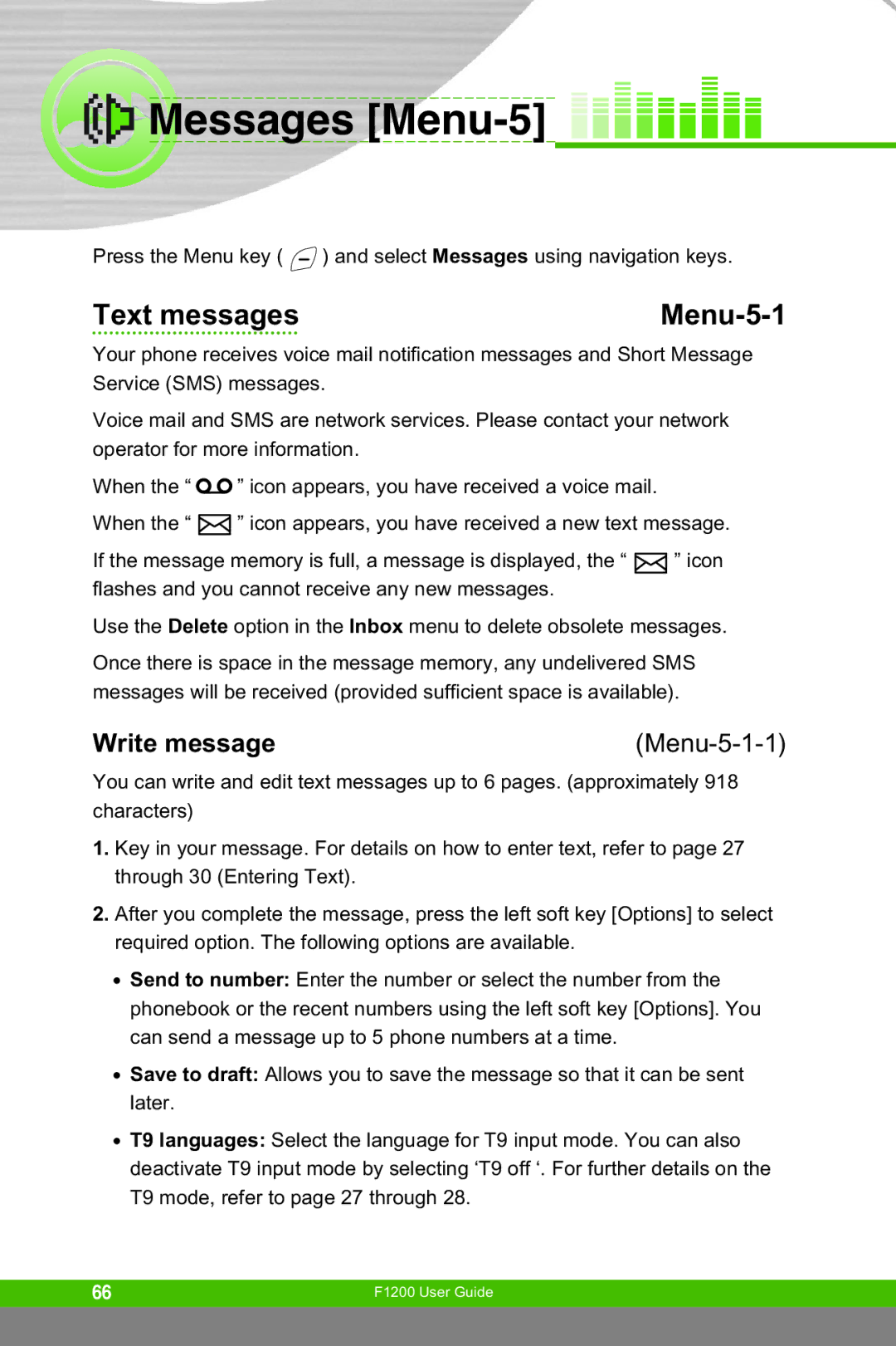 LG Electronics F1200 manual Messages Menu-5, Text messages Menu-5-1, Write message, Menu-5-1-1 