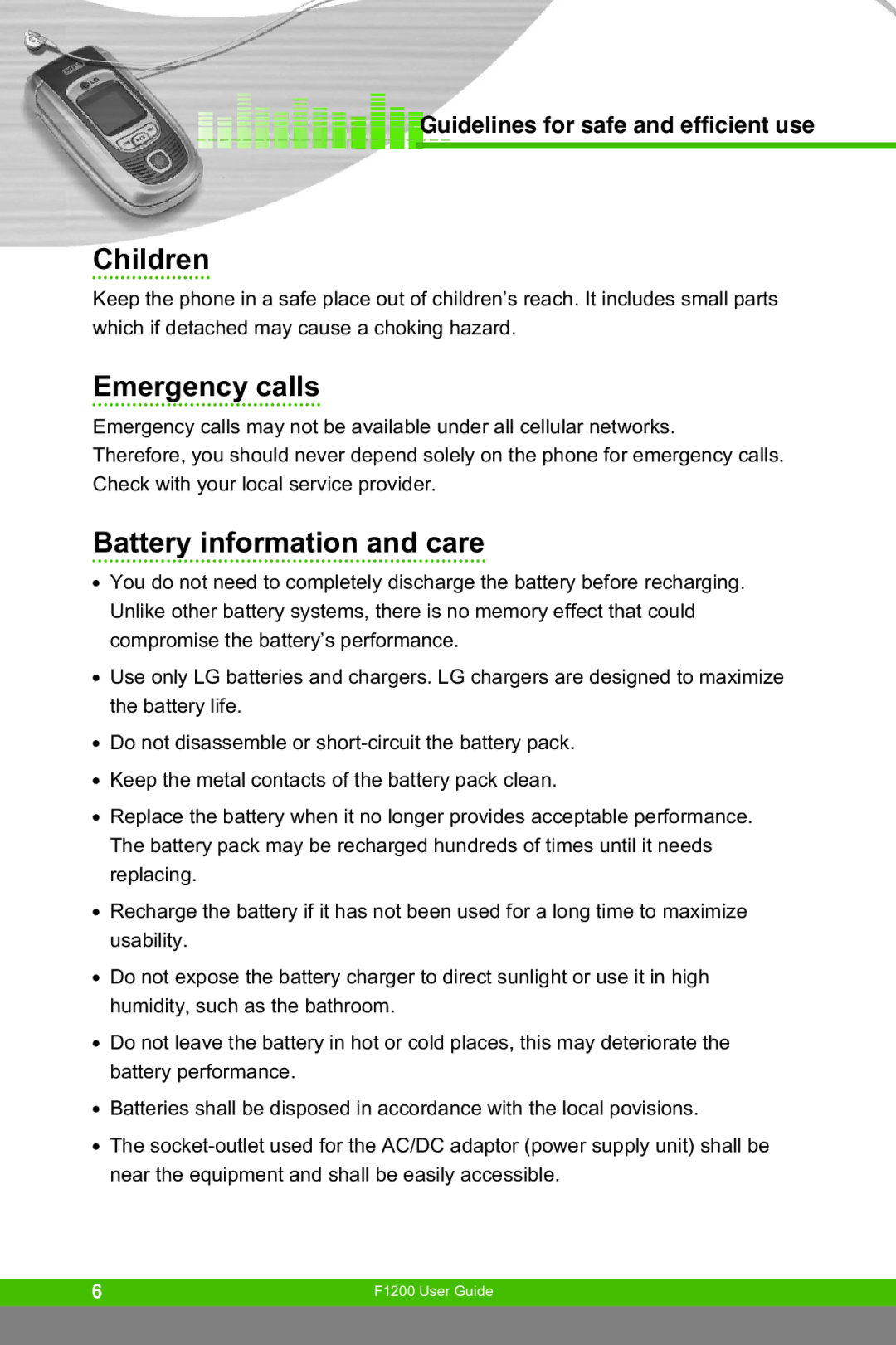 LG Electronics F1200 manual Children, Emergency calls, Battery information and care 