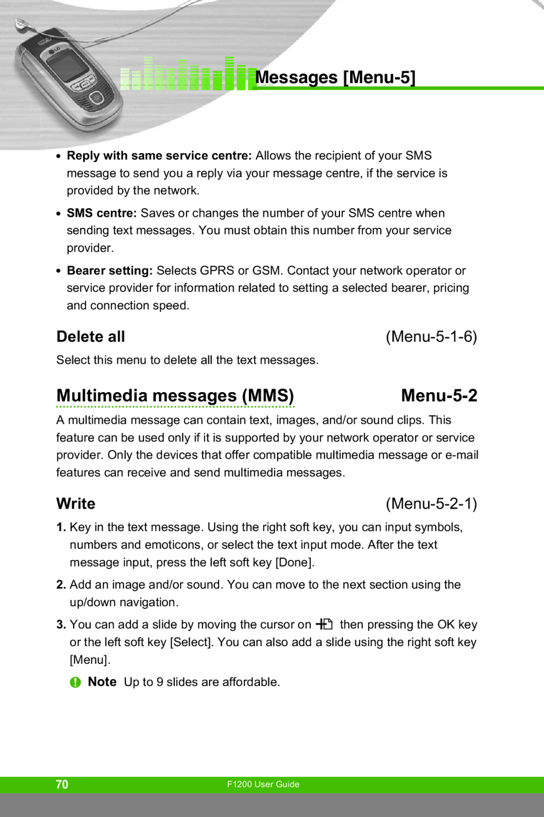 LG Electronics F1200 manual Multimedia messages MMS Menu-5-2, Write, Menu-5-1-6, Menu-5-2-1 