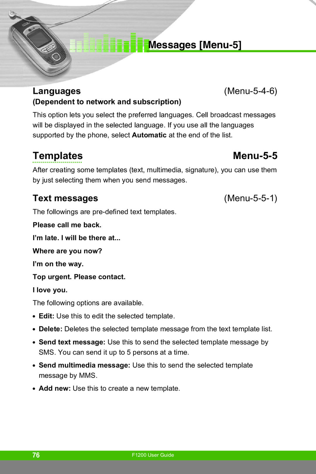 LG Electronics F1200 manual Templates Menu-5-5, Languages, Text messages, Menu-5-4-6, Menu-5-5-1 