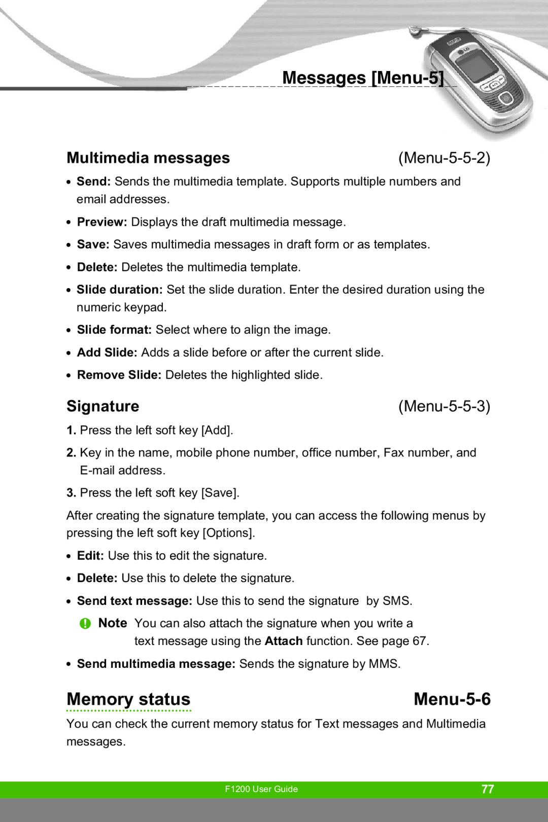 LG Electronics F1200 manual Memory status Menu-5-6, Multimedia messages, Signature, Menu-5-5-2, Menu-5-5-3 